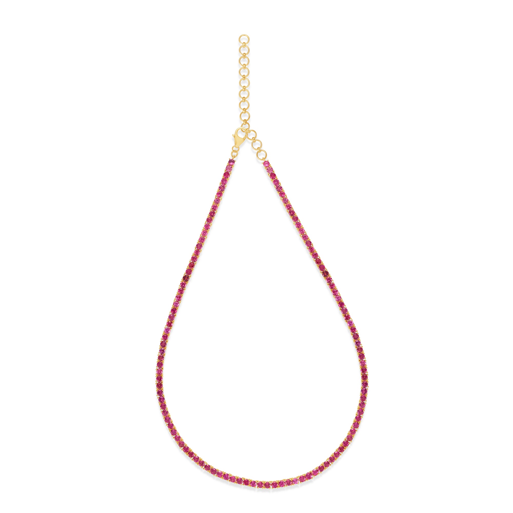 Exquisite 14K yellow gold tennis necklace featuring captivating pink tourmalines, celebrated for their romantic hue and timeless elegance, perfect for adding a touch of luxury and color to any look." Entire necklace