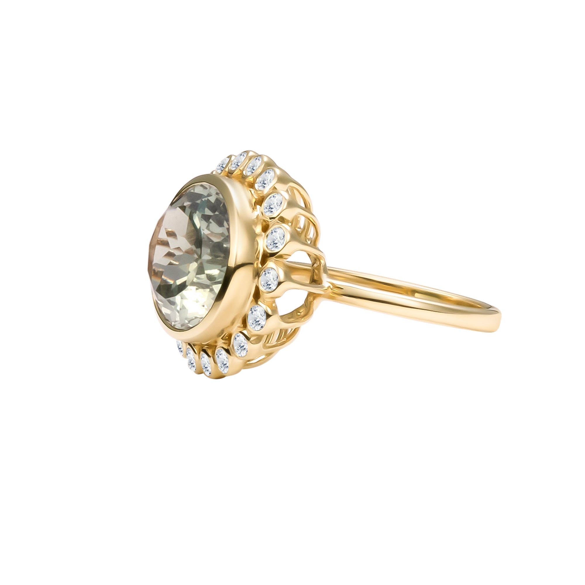 Elegant 14K yellow gold cocktail ring featuring an 8.17ct prasiolite (green amethyst) surrounded by a delicate diamond halo, set in a sophisticated basket setting for a refined statement look.
