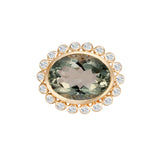 Elegant 14K yellow gold cocktail ring featuring an 8.17ct prasiolite (green amethyst) surrounded by a delicate diamond halo, set in a sophisticated basket setting for a refined statement look.