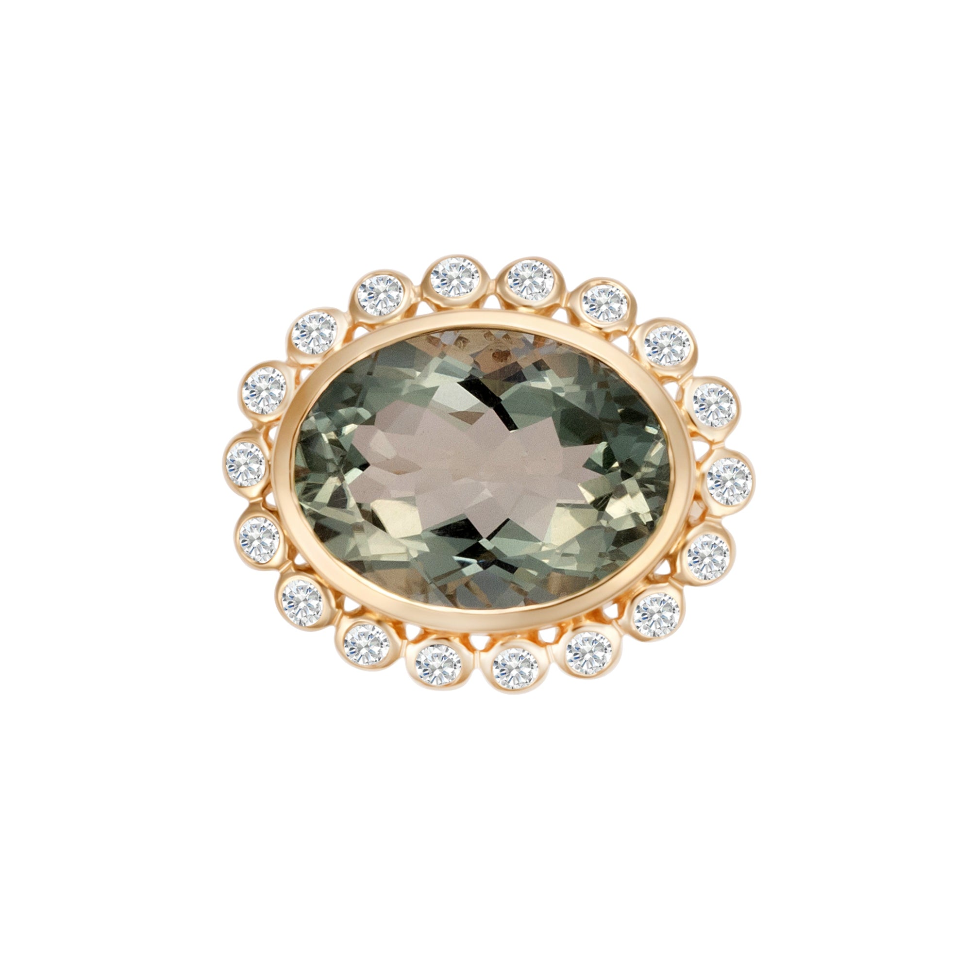 Elegant 14K yellow gold cocktail ring featuring an 8.17ct prasiolite (green amethyst) surrounded by a delicate diamond halo, set in a sophisticated basket setting for a refined statement look.