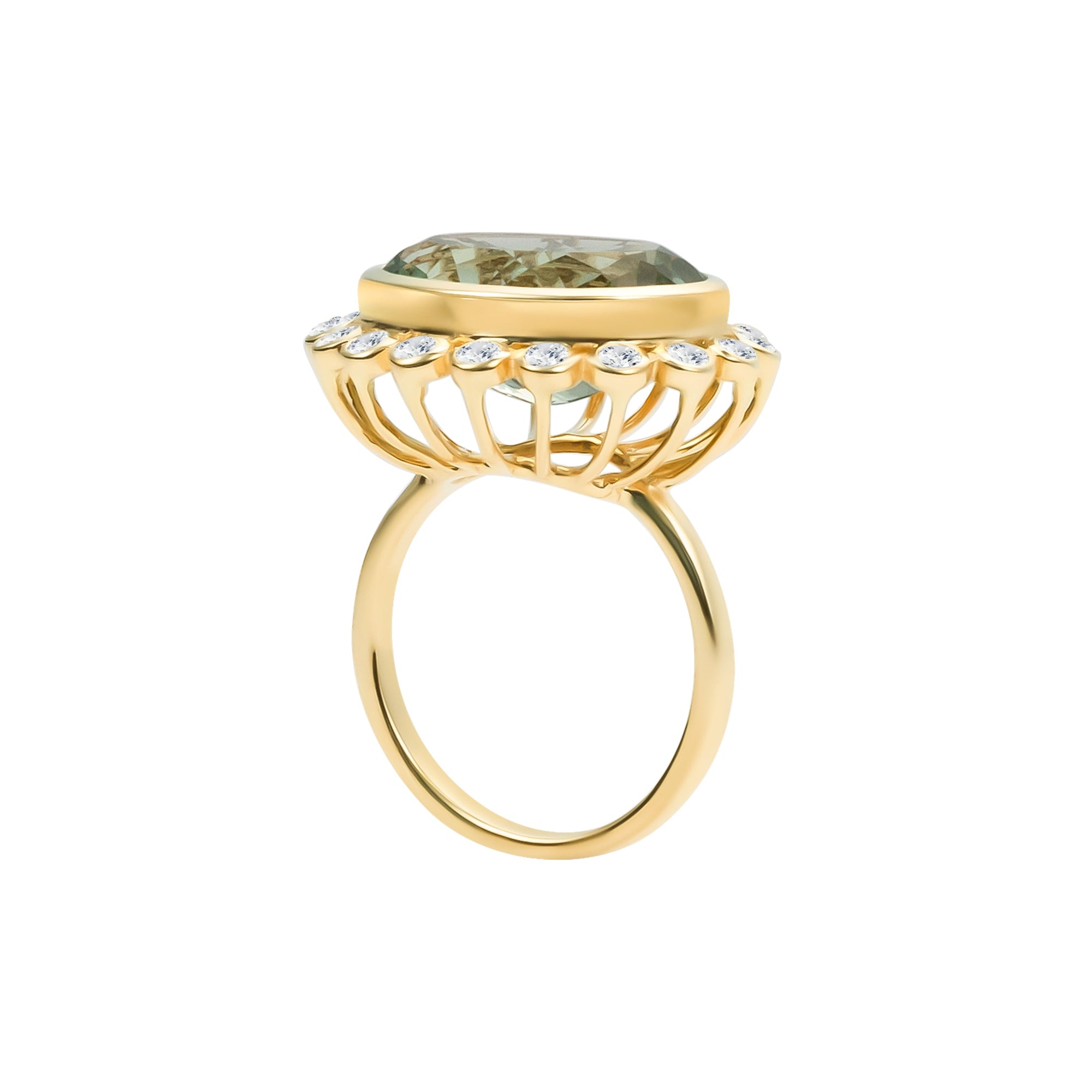 Elegant 14K yellow gold cocktail ring featuring an 8.17ct prasiolite (green amethyst) surrounded by a delicate diamond halo, set in a sophisticated basket setting for a refined statement look.