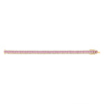 Stunning 14K yellow gold tennis bracelet featuring 2.21ct of princess-cut pink sapphires and 1.45ct of sparkling G-H VS diamonds. Measuring 7 inches in length and weighing 21.46g, this bracelet delivers a bold yet elegant pop of color.