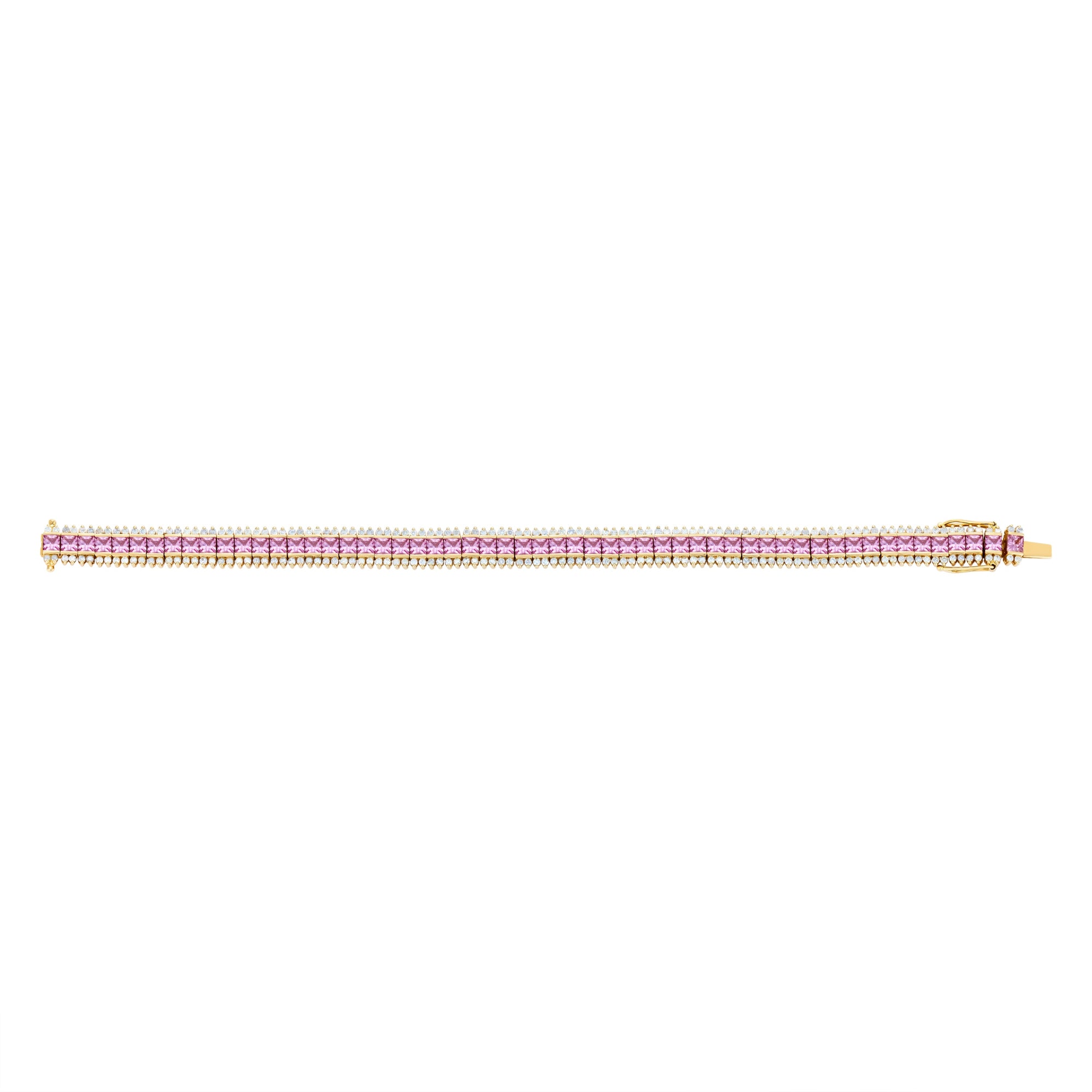 Stunning 14K yellow gold tennis bracelet featuring 2.21ct of princess-cut pink sapphires and 1.45ct of sparkling G-H VS diamonds. Measuring 7 inches in length and weighing 21.46g, this bracelet delivers a bold yet elegant pop of color.
