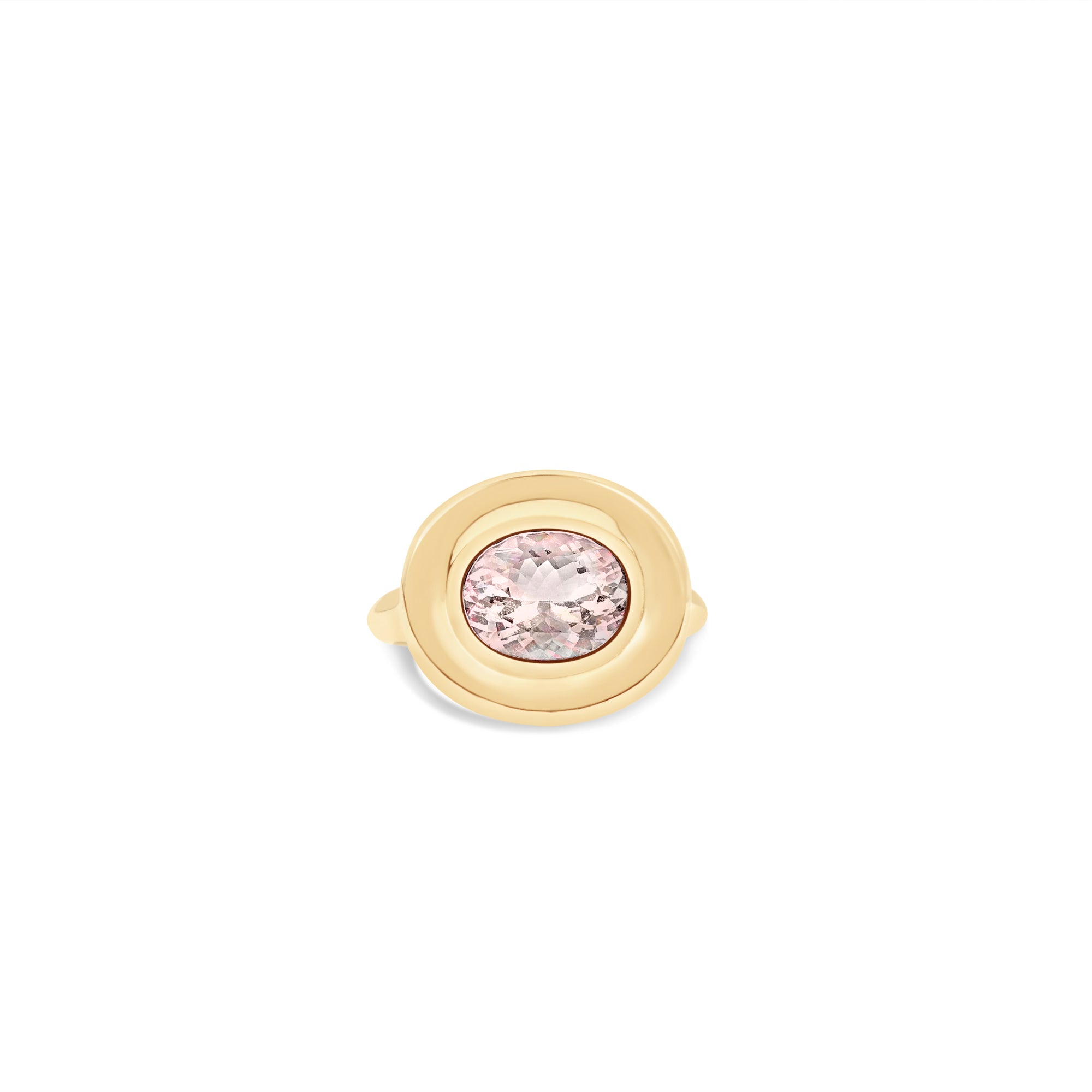 Retro-inspired 14K yellow gold cocktail ring featuring a captivating bezel-set morganite, blending warm hues with timeless sophistication and charm. Top Down Image