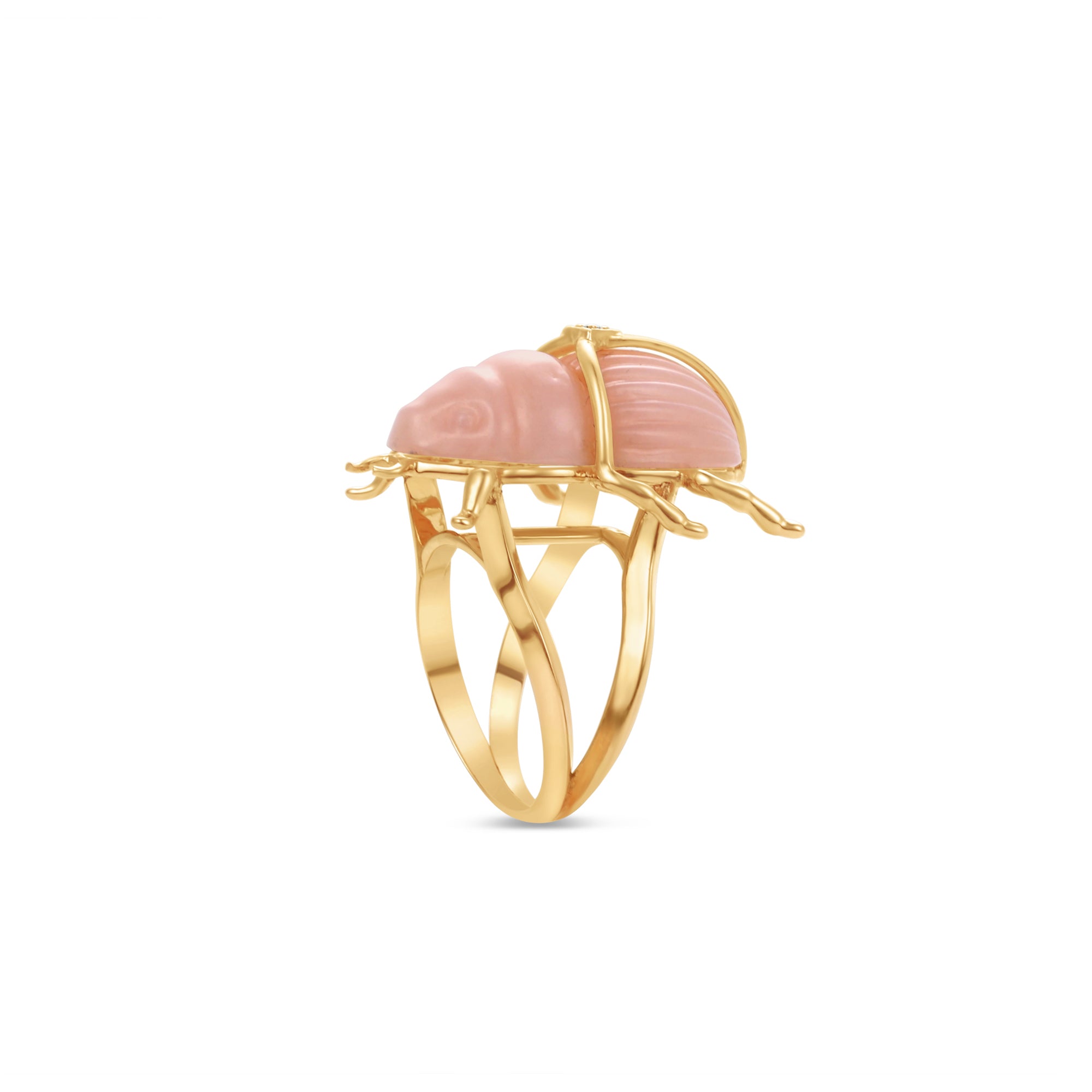Side Angle Rose Quartz Scarab Ring with diamond
