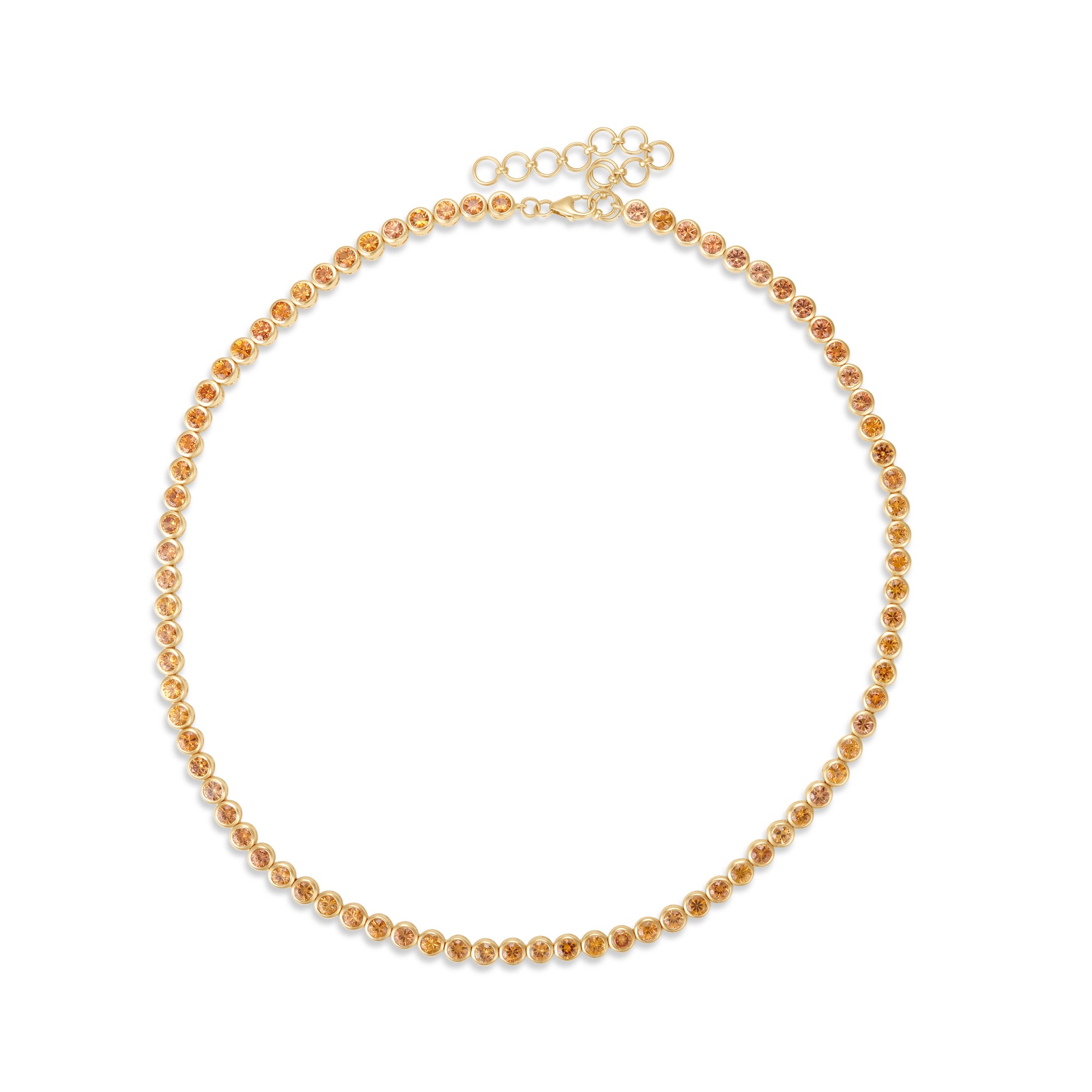 Stunning 14K yellow gold tennis necklace featuring vibrant bezel-set orange sapphires, with warm golden tones enhancing the gemstones' fiery brilliance and luxurious elegance.