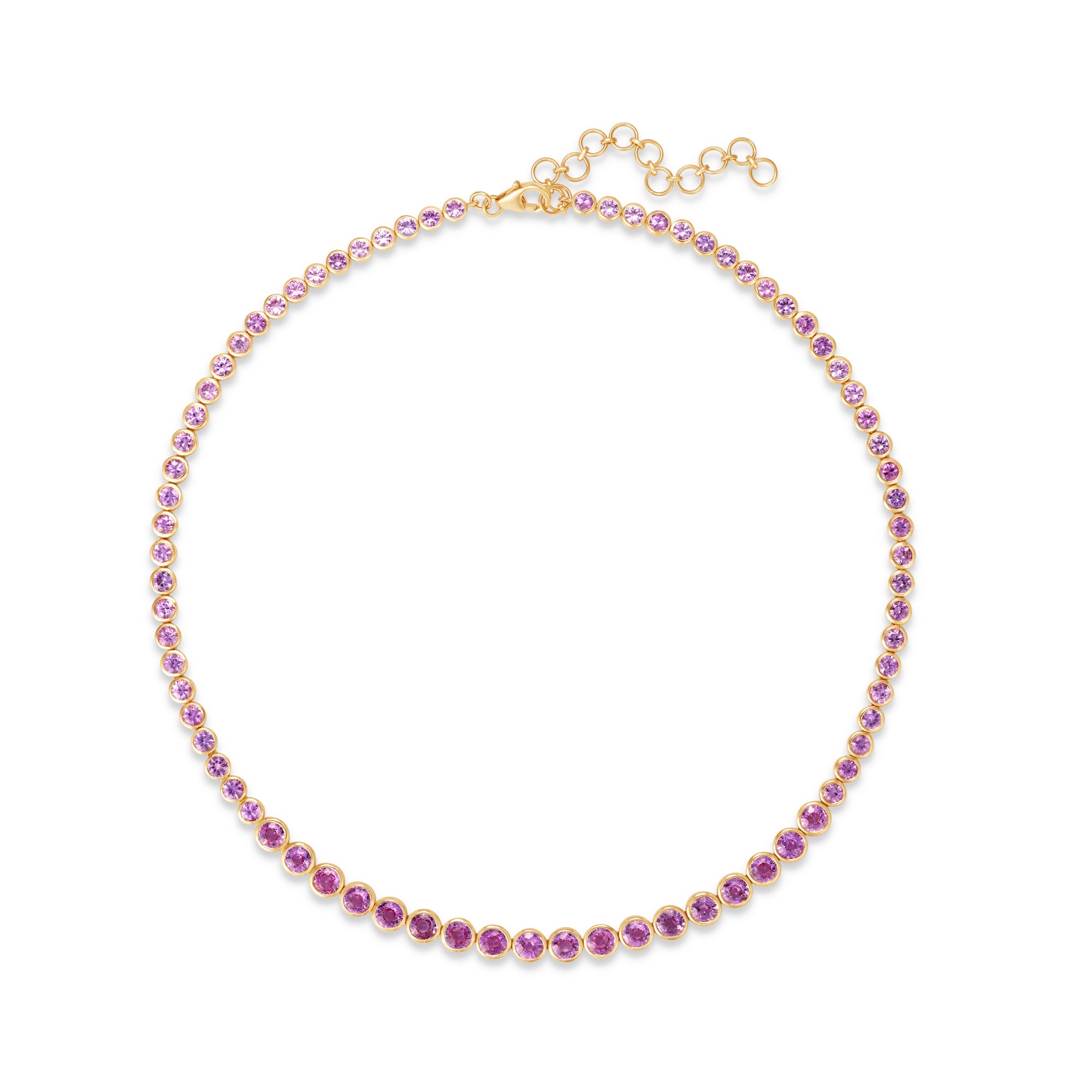 Elegant 14K yellow gold tennis necklace featuring vibrant round-cut pink sapphires in secure bezel settings, offering timeless beauty with a modern edge. Full view.