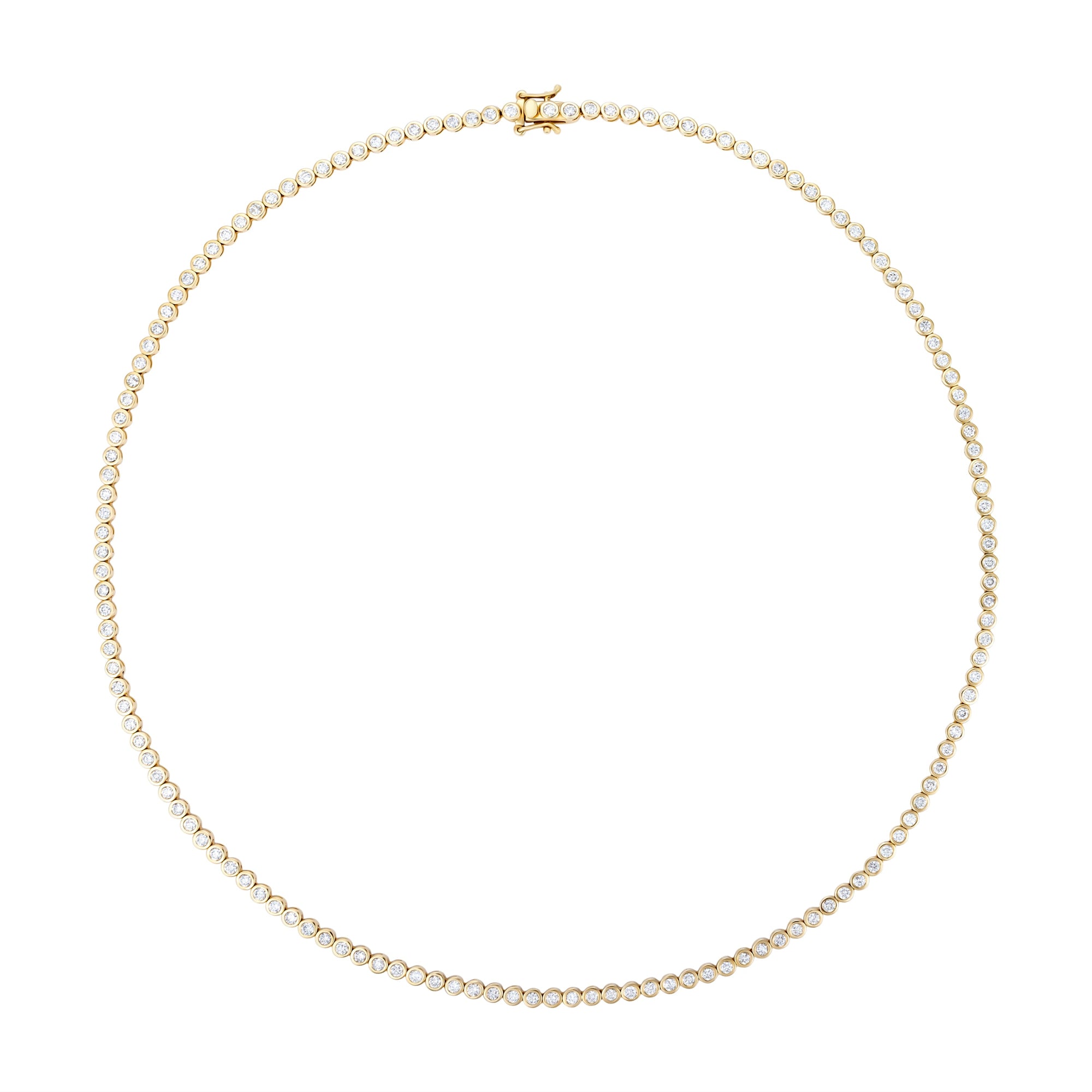 Elegant 14K yellow gold tennis necklace featuring 5.1ct of round-cut bezel-set diamonds, offering timeless brilliance and a refined, minimalist silhouette.