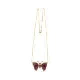 Charming small fixed-wing butterfly necklace crafted in 18K gold, featuring a delicate pink tourmaline gemstone, blending elegance and nature-inspired beauty.