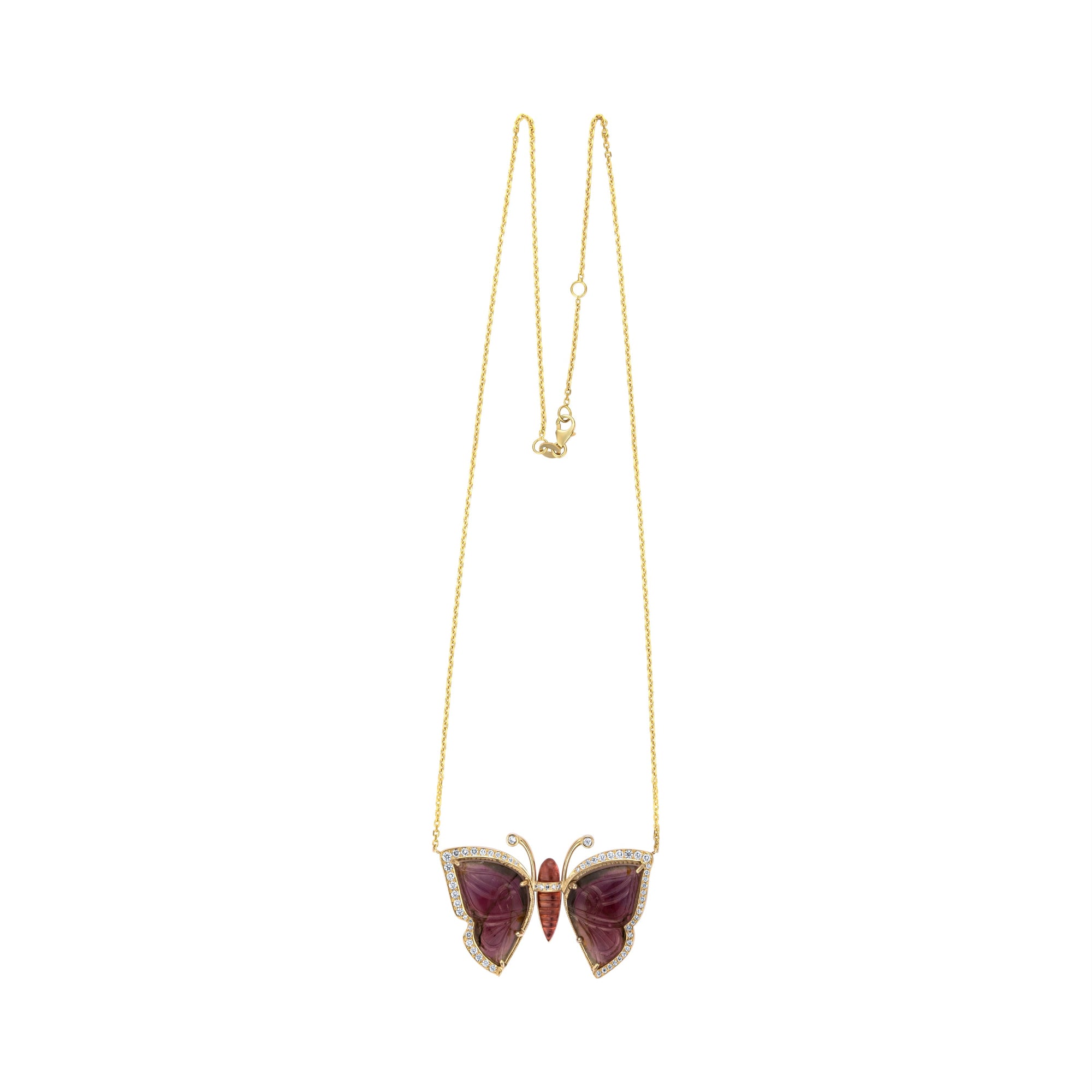 Charming small fixed-wing butterfly necklace crafted in 18K gold, featuring a delicate pink tourmaline gemstone, blending elegance and nature-inspired beauty.