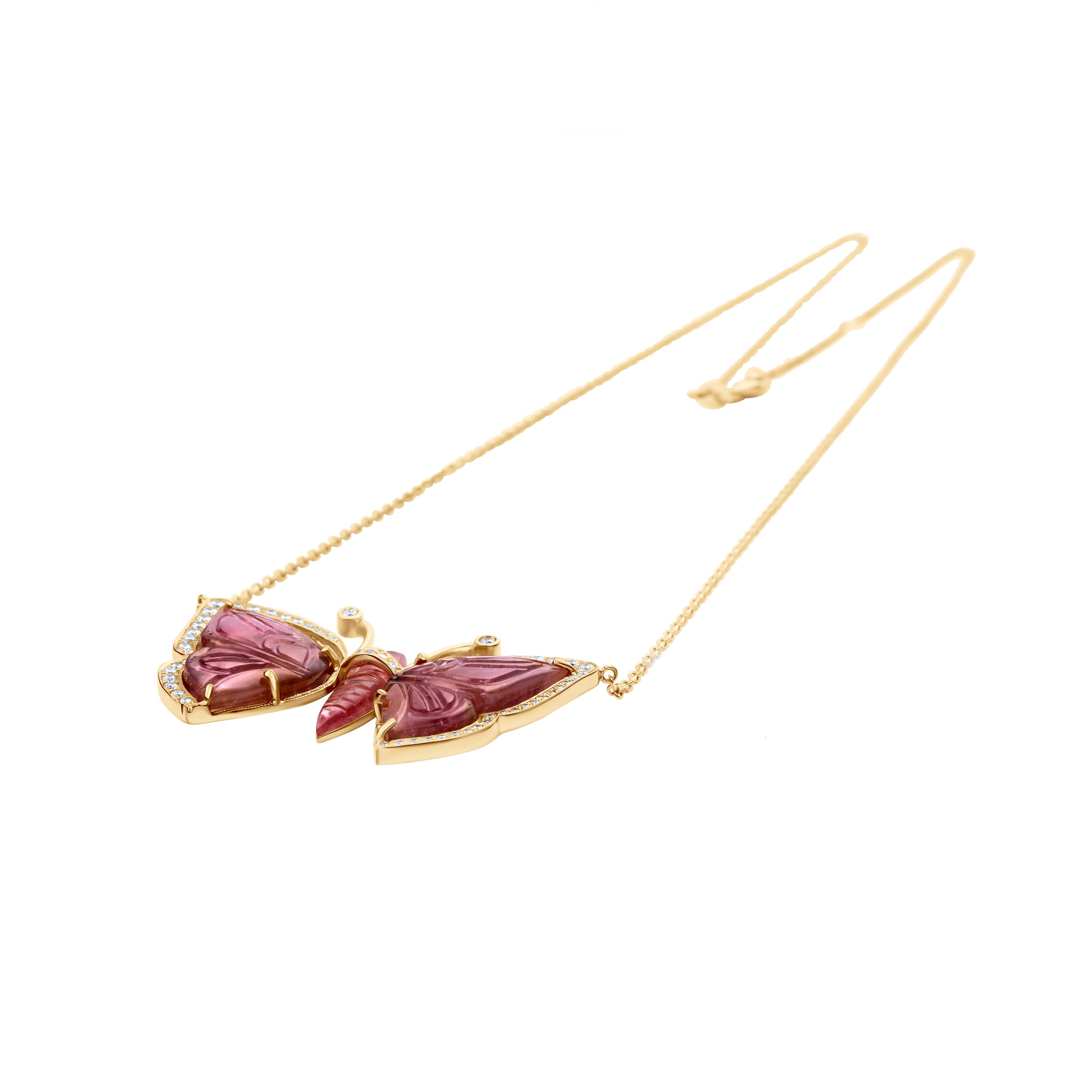 Charming small fixed-wing butterfly necklace crafted in 18K gold, featuring a delicate pink tourmaline gemstone, blending elegance and nature-inspired beauty.