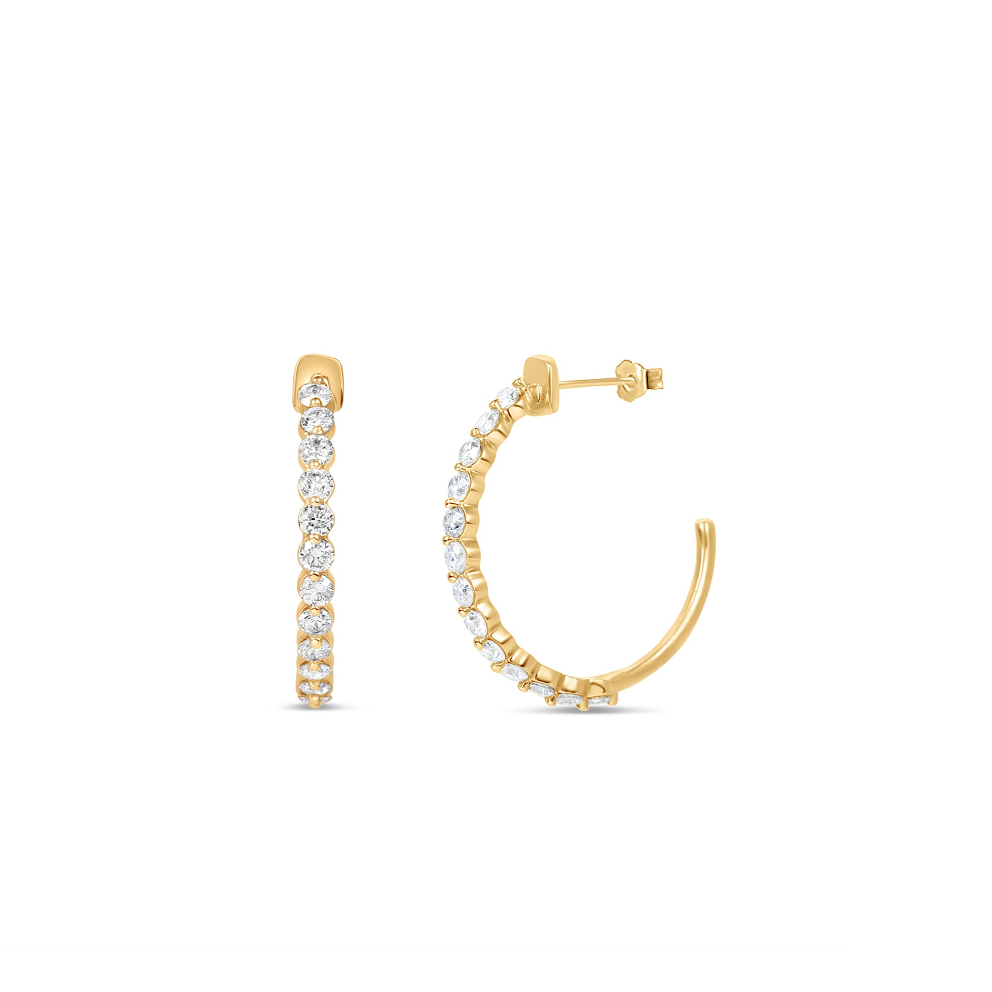 Delicate open hoop earrings crafted in radiant 14K yellow gold, featuring sparkling prong-set diamonds for a versatile and elegant touch of brilliance. Close up and angled front and side shots. 