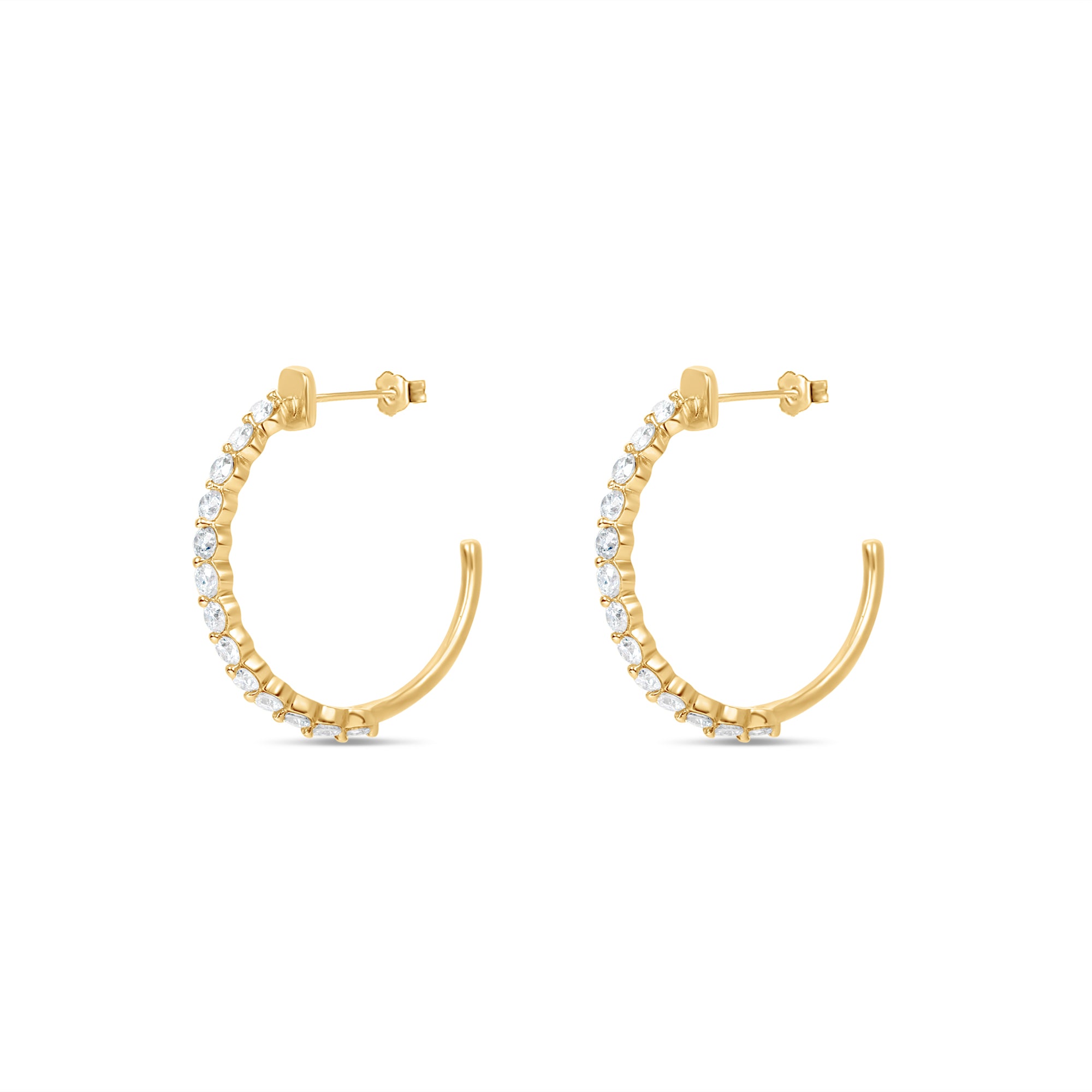 Delicate open hoop earrings crafted in radiant 14K yellow gold, featuring sparkling prong-set diamonds for a versatile and elegant touch of brilliance. Side view. 