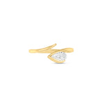 Elegant 14K yellow gold tapered bypass ring featuring a brilliant pear-cut diamond, offering a stunning display of light and modern minimalistic sophistication. Front view. 