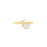 Elegant 14K yellow gold tapered bypass ring featuring a brilliant pear-cut diamond, offering a stunning display of light and modern minimalistic sophistication. Front view. 