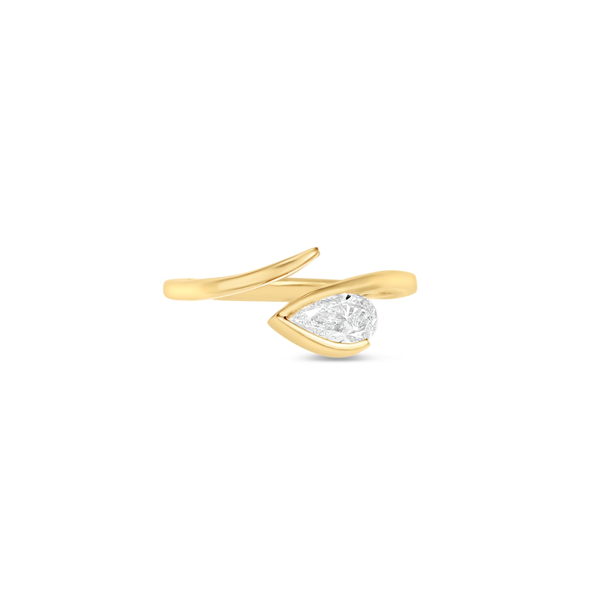 Elegant 14K yellow gold tapered bypass ring featuring a brilliant pear-cut diamond, offering a stunning display of light and modern minimalistic sophistication. Front view. 