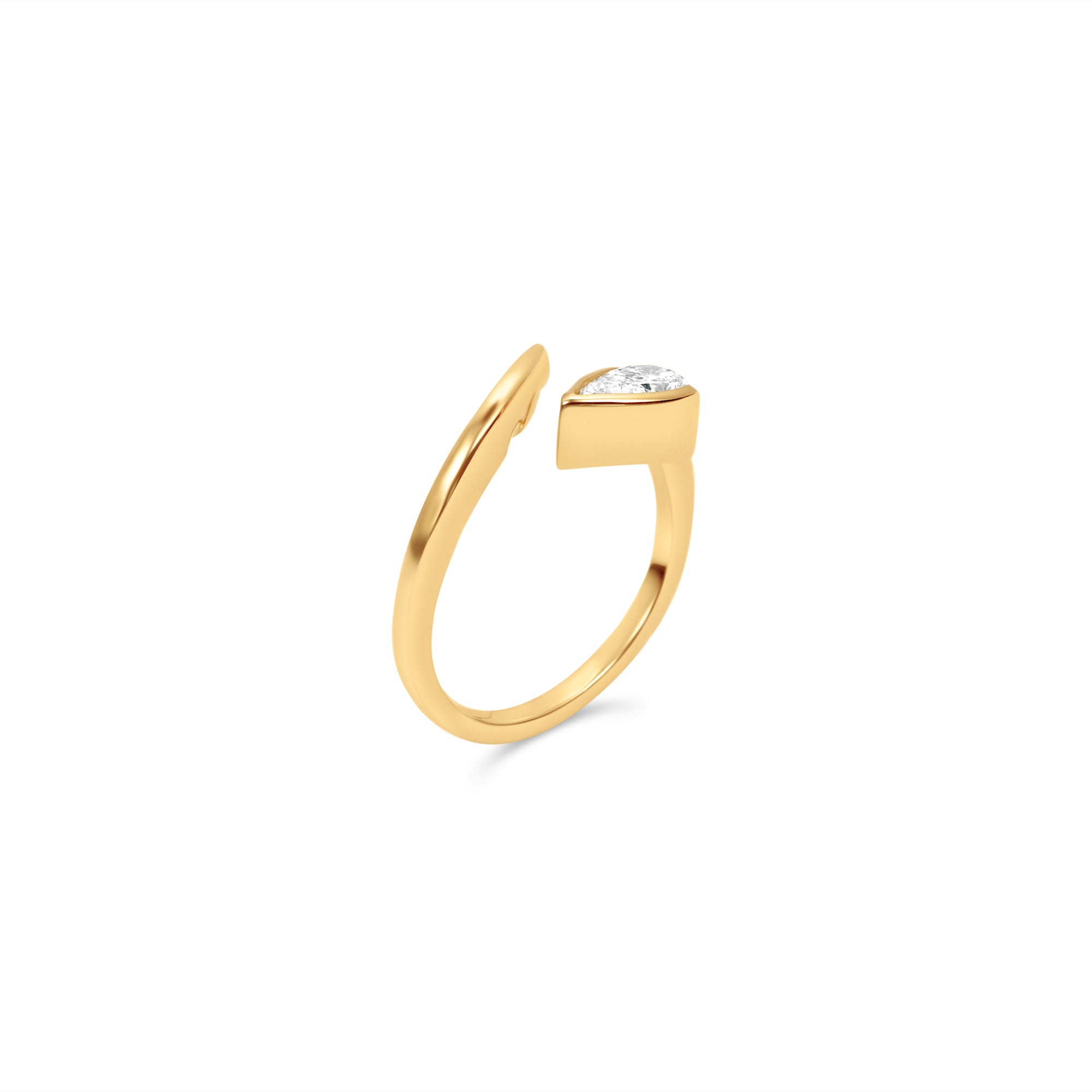 Elegant 14K yellow gold tapered bypass ring featuring a brilliant pear-cut diamond, offering a stunning display of light and modern minimalistic sophistication. Side view. 
