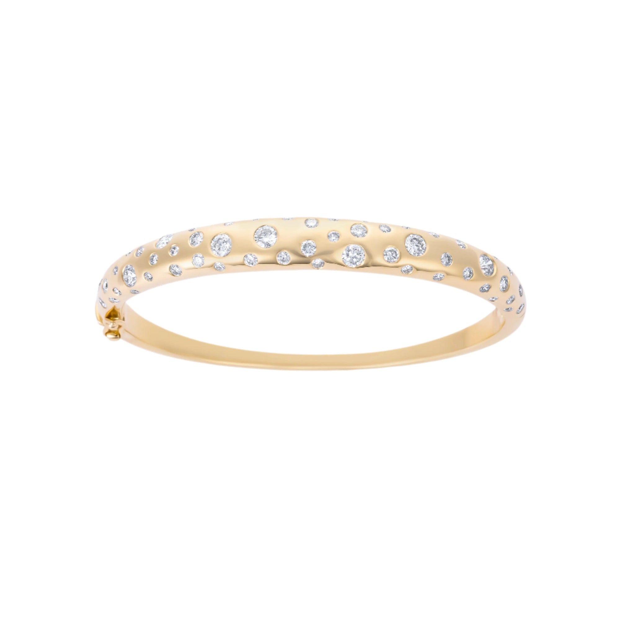 Elegant 14K yellow gold bangle featuring a radiant spray of diamonds totaling 2.52ct, with a refined, sculptural design and a total weight of 15.02g.