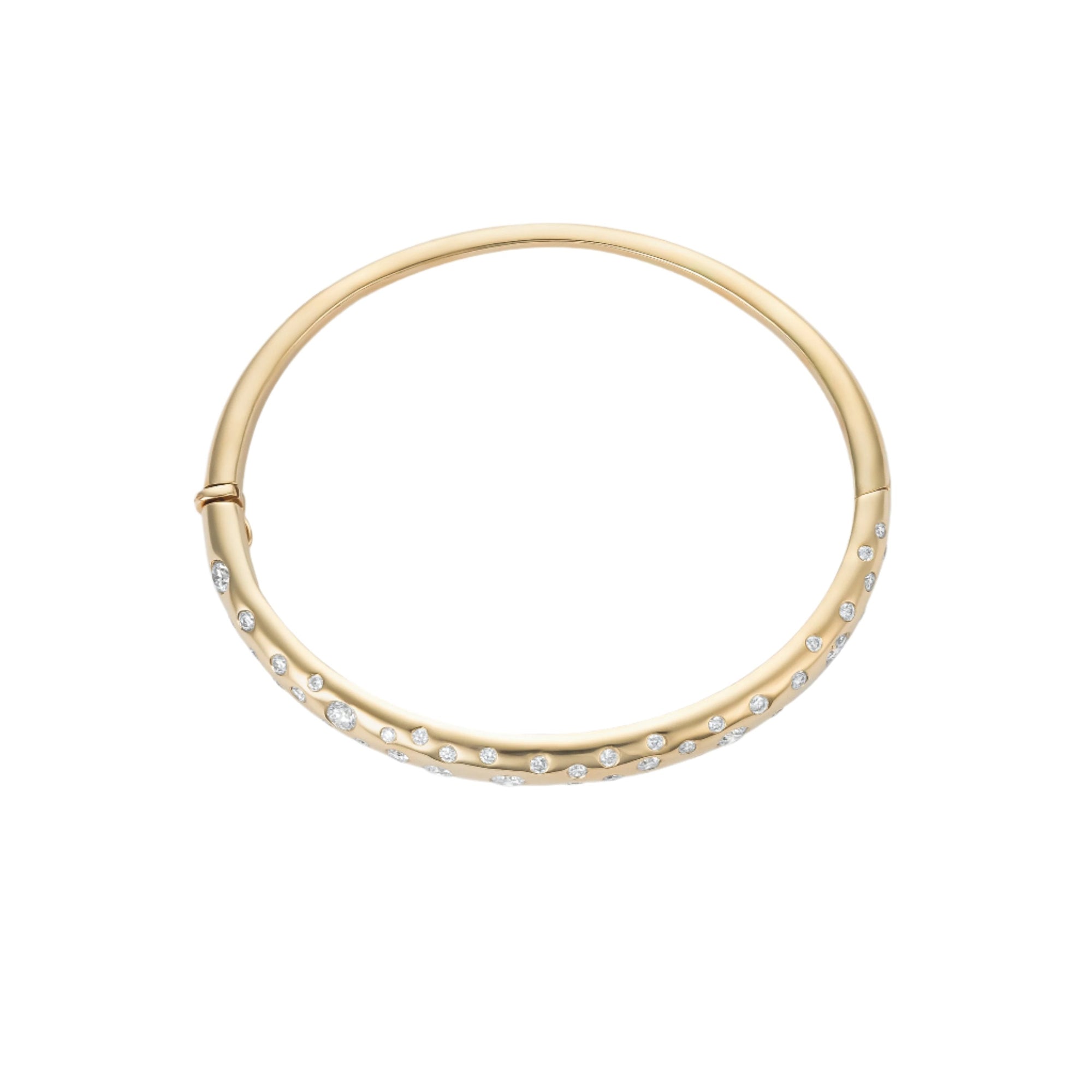 Elegant 14K yellow gold bangle featuring a radiant spray of diamonds totaling 2.52ct, with a refined, sculptural design and a total weight of 15.02g.