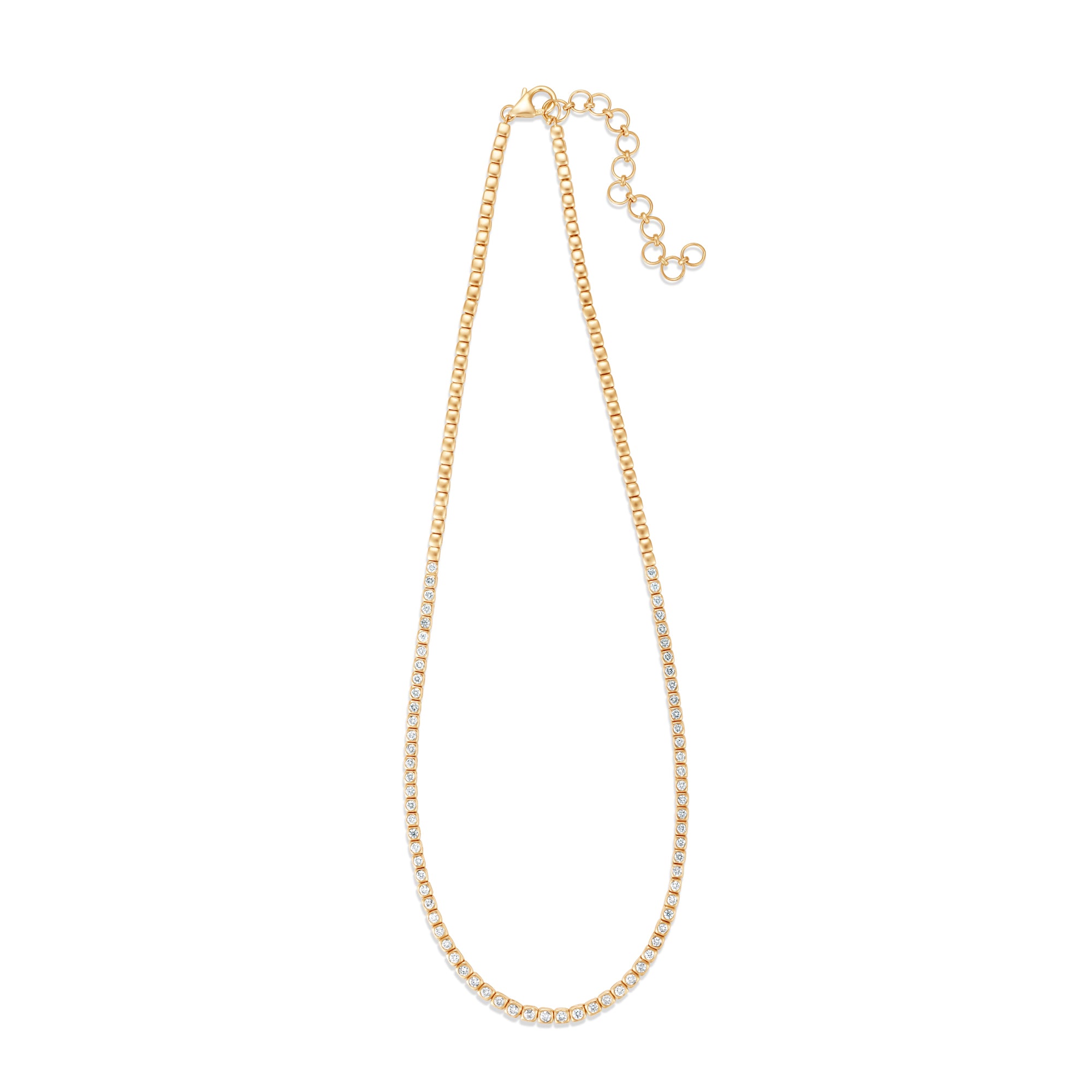 Elegant adjustable tennis necklace featuring a series of dazzling diamonds set in square bezels, offering a radiant sparkle and versatile design perfect for any occasion. Front view with adjustable chain.