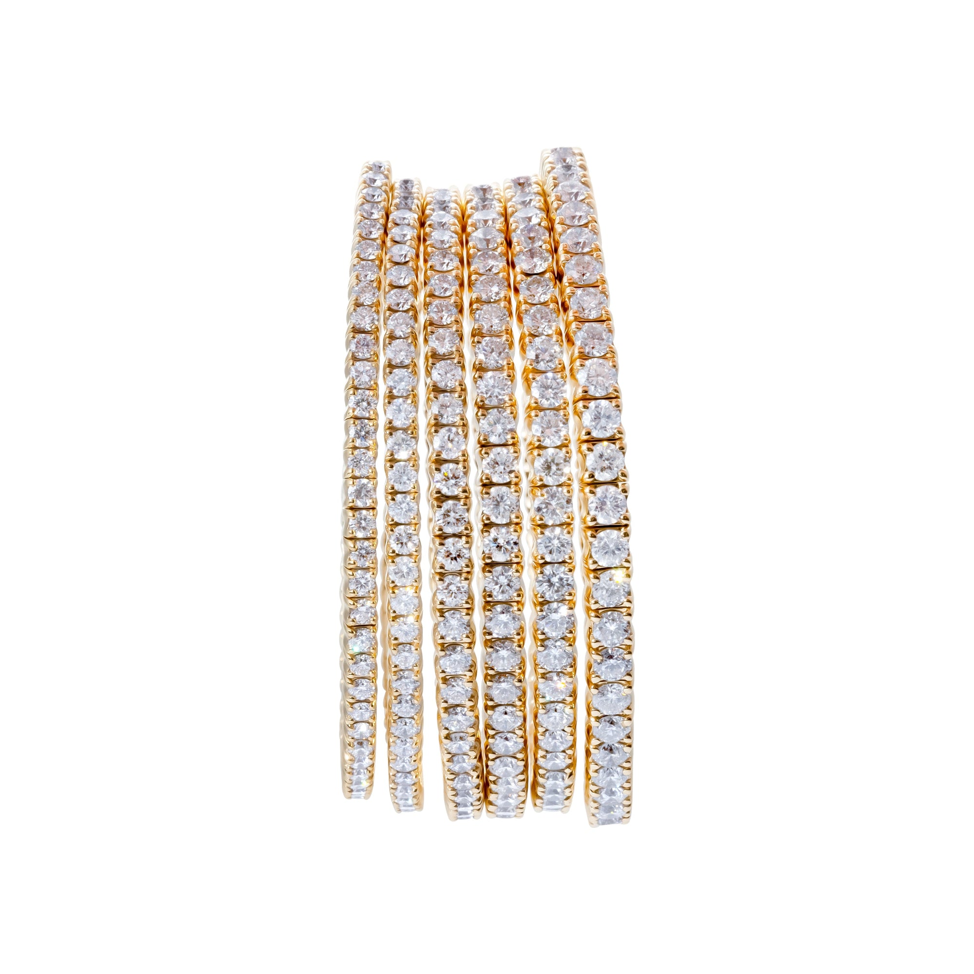 Luxurious stretch diamond tennis bracelet featuring G-H color, VS clarity diamonds in flexible settings. Available in multiple sizes, from 2.75ct to 9ct, for a perfect, comfortable fit with timeless brilliance. Close up detail of all sizes. 