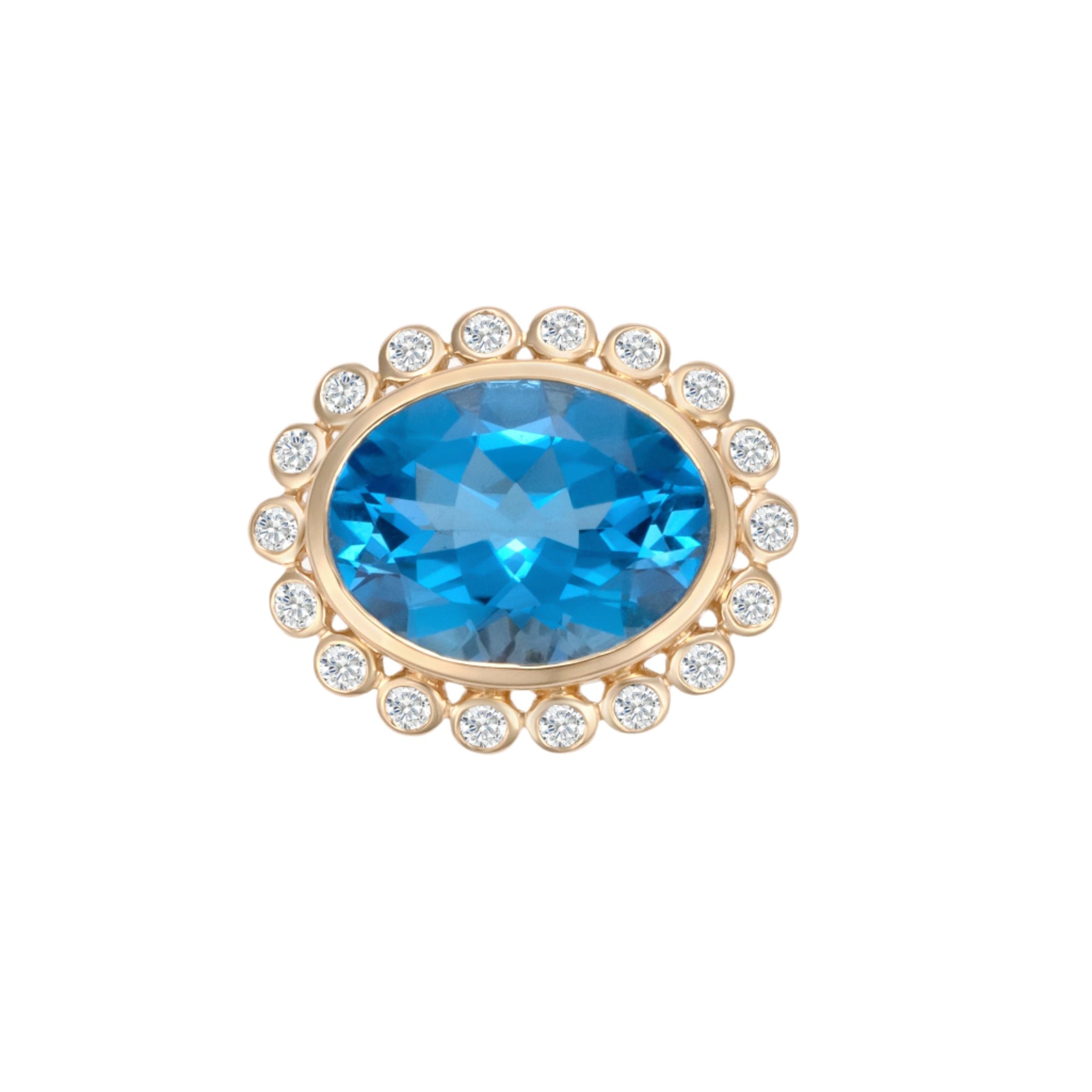 Captivating 14K yellow gold cocktail ring featuring a Swiss blue topaz surrounded by a sparkling diamond halo in a delicate anemone-inspired basket setting, offering vibrant elegance for any occasion.