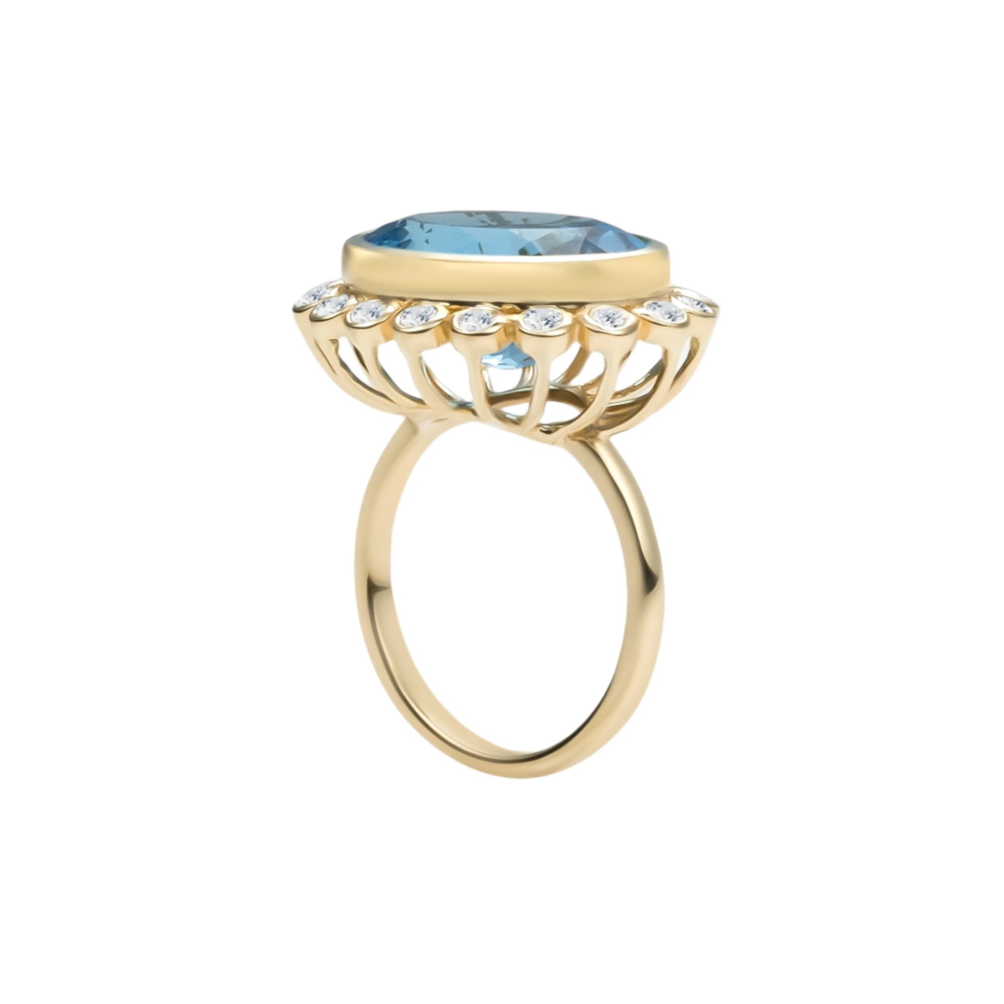 Captivating 14K yellow gold cocktail ring featuring a Swiss blue topaz surrounded by a sparkling diamond halo in a delicate anemone-inspired basket setting, offering vibrant elegance for any occasion.