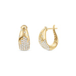 Elegant 14K yellow gold hoop earrings featuring a radiant spray of diamonds in a tapered silhouette, offering a refined, modern aesthetic and timeless sophistication. Close up of both front and side view.