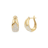 Elegant 14K yellow gold hoop earrings featuring a radiant spray of diamonds in a tapered silhouette, offering a refined, modern aesthetic and timeless sophistication. Close up of both front and side view.