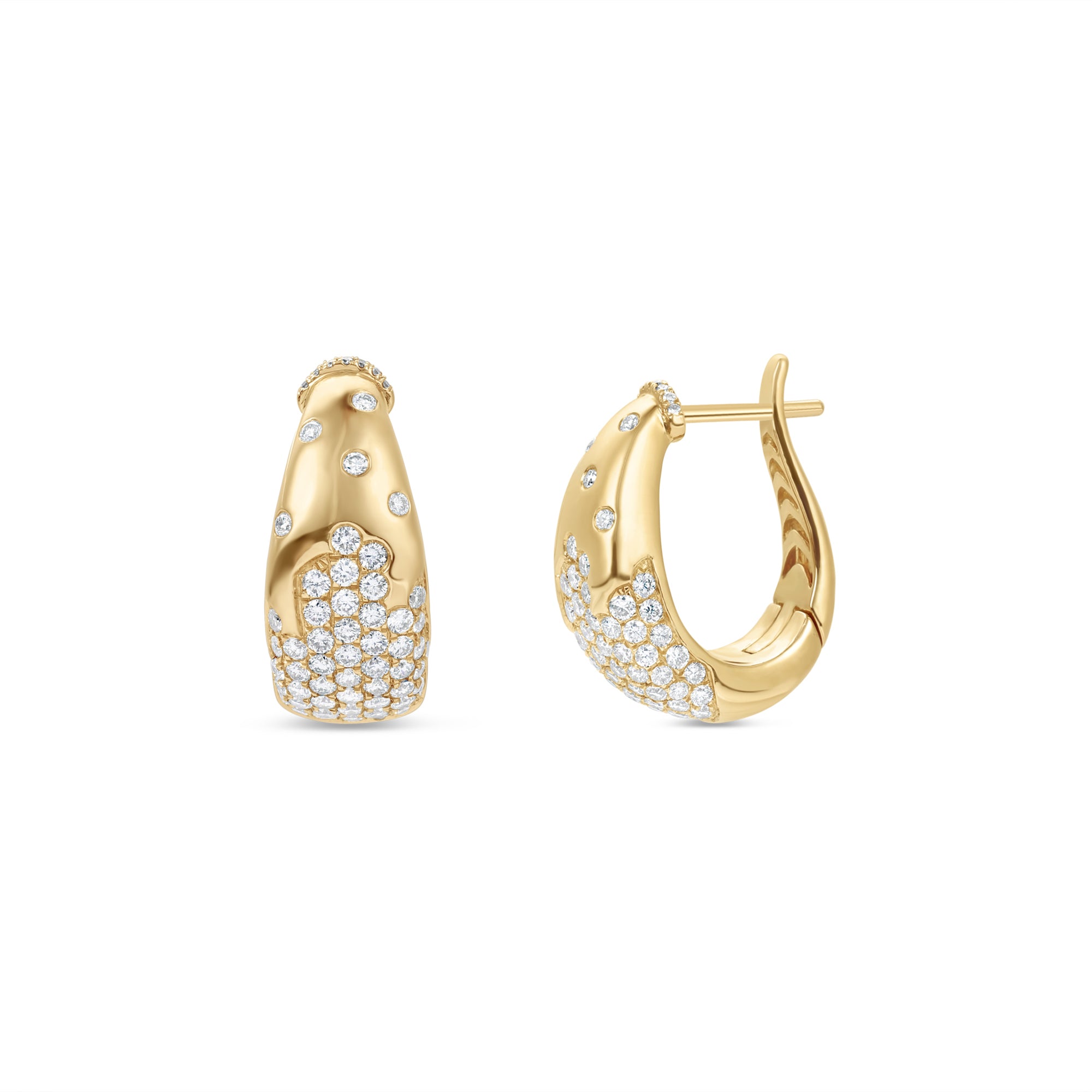 Elegant 14K yellow gold hoop earrings featuring a radiant spray of diamonds in a tapered silhouette, offering a refined, modern aesthetic and timeless sophistication. Close up of both front and side view.