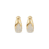 Elegant 14K yellow gold hoop earrings featuring a radiant spray of diamonds in a tapered silhouette, offering a refined, modern aesthetic and timeless sophistication. Close up of front view.