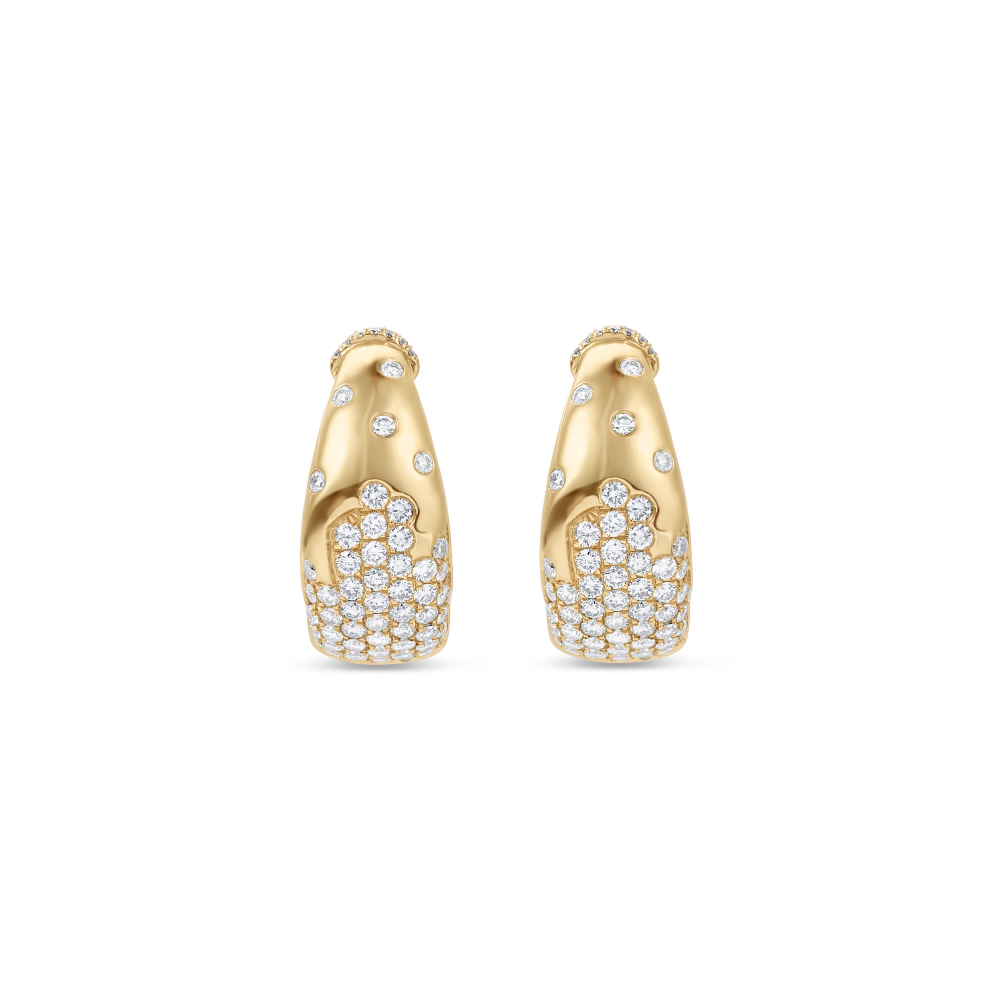 Elegant 14K yellow gold hoop earrings featuring a radiant spray of diamonds in a tapered silhouette, offering a refined, modern aesthetic and timeless sophistication. Close up of front view.