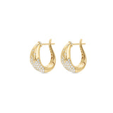 Elegant 14K yellow gold hoop earrings featuring a radiant spray of diamonds in a tapered silhouette, offering a refined, modern aesthetic and timeless sophistication. Close up of side view and a peek on the inside. 