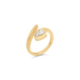 Elegant 14K yellow gold bypass ring featuring a radiant pear-cut diamond, offering a sleek and contemporary design that blends timeless sophistication with a modern edge.