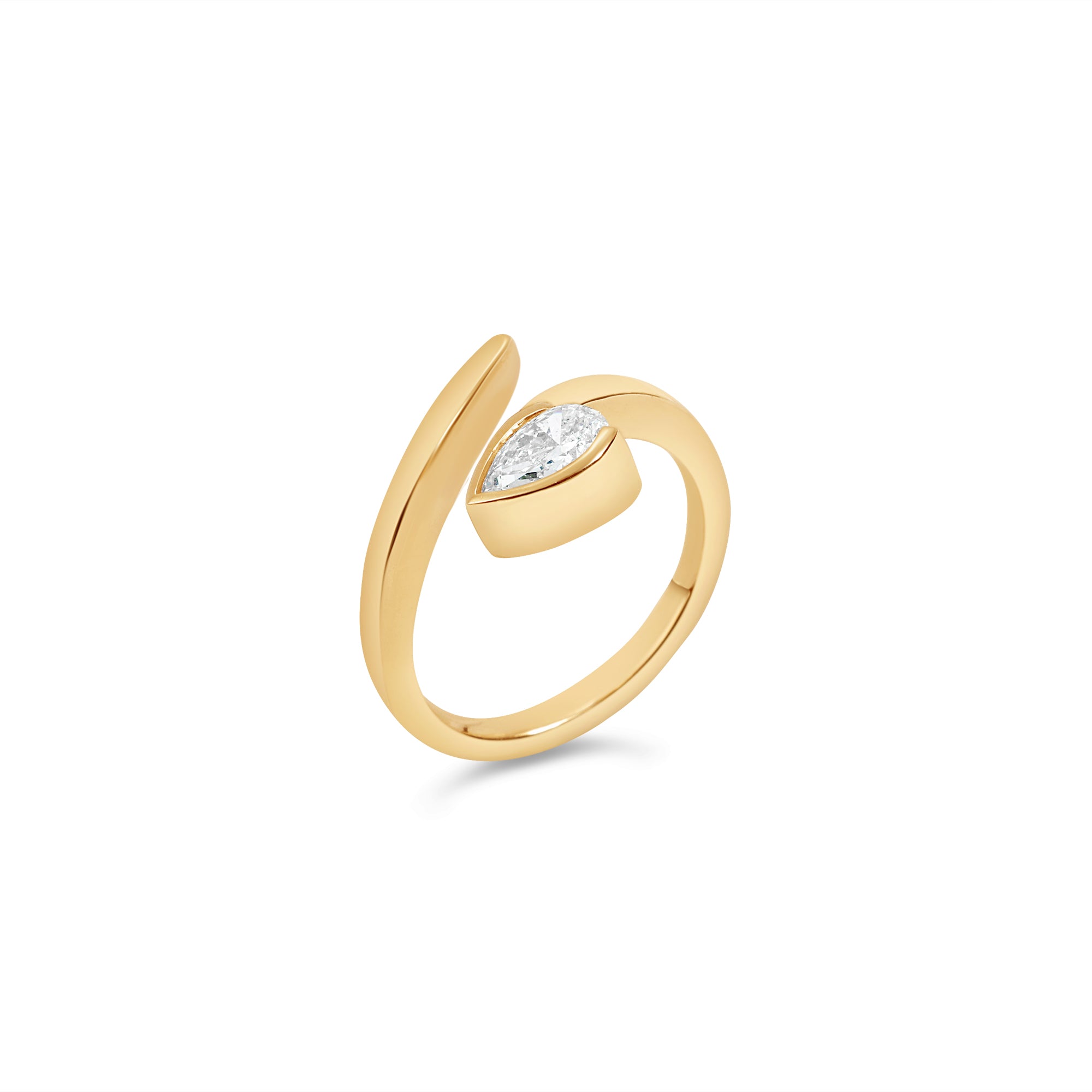 Elegant 14K yellow gold bypass ring featuring a radiant pear-cut diamond, offering a sleek and contemporary design that blends timeless sophistication with a modern edge.