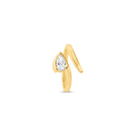 Elegant 14K yellow gold bypass ring featuring a radiant pear-cut diamond, offering a sleek and contemporary design that blends timeless sophistication with a modern edge. Top down image