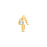 Elegant 14K yellow gold bypass ring featuring a radiant pear-cut diamond, offering a sleek and contemporary design that blends timeless sophistication with a modern edge. Top down image