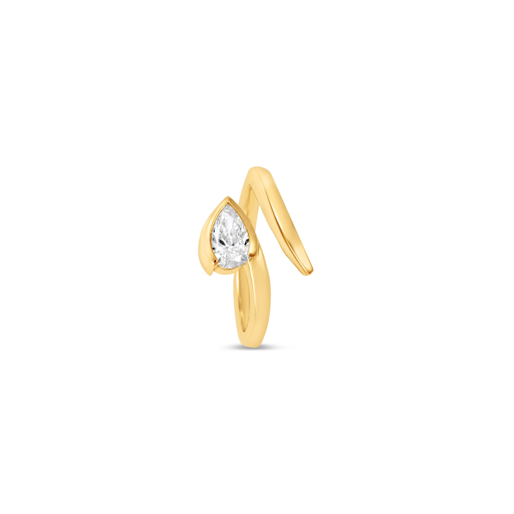 Elegant 14K yellow gold bypass ring featuring a radiant pear-cut diamond, offering a sleek and contemporary design that blends timeless sophistication with a modern edge. Top down image