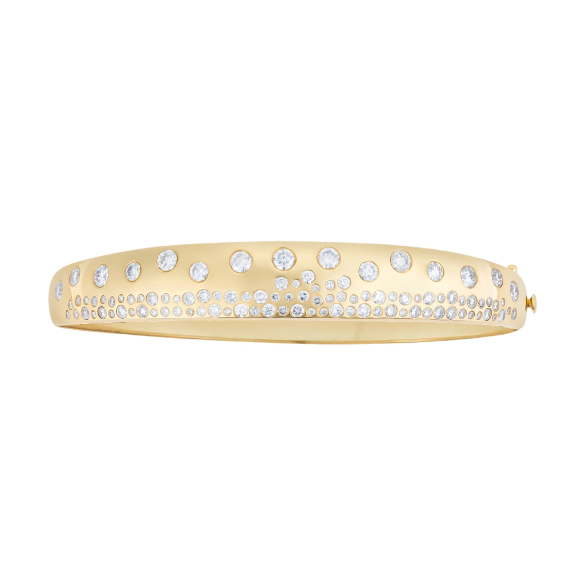 Elegant 14K yellow gold tapered bangle bracelet featuring 1.1ct of scattered diamonds, combining a sleek silhouette with timeless sparkle.