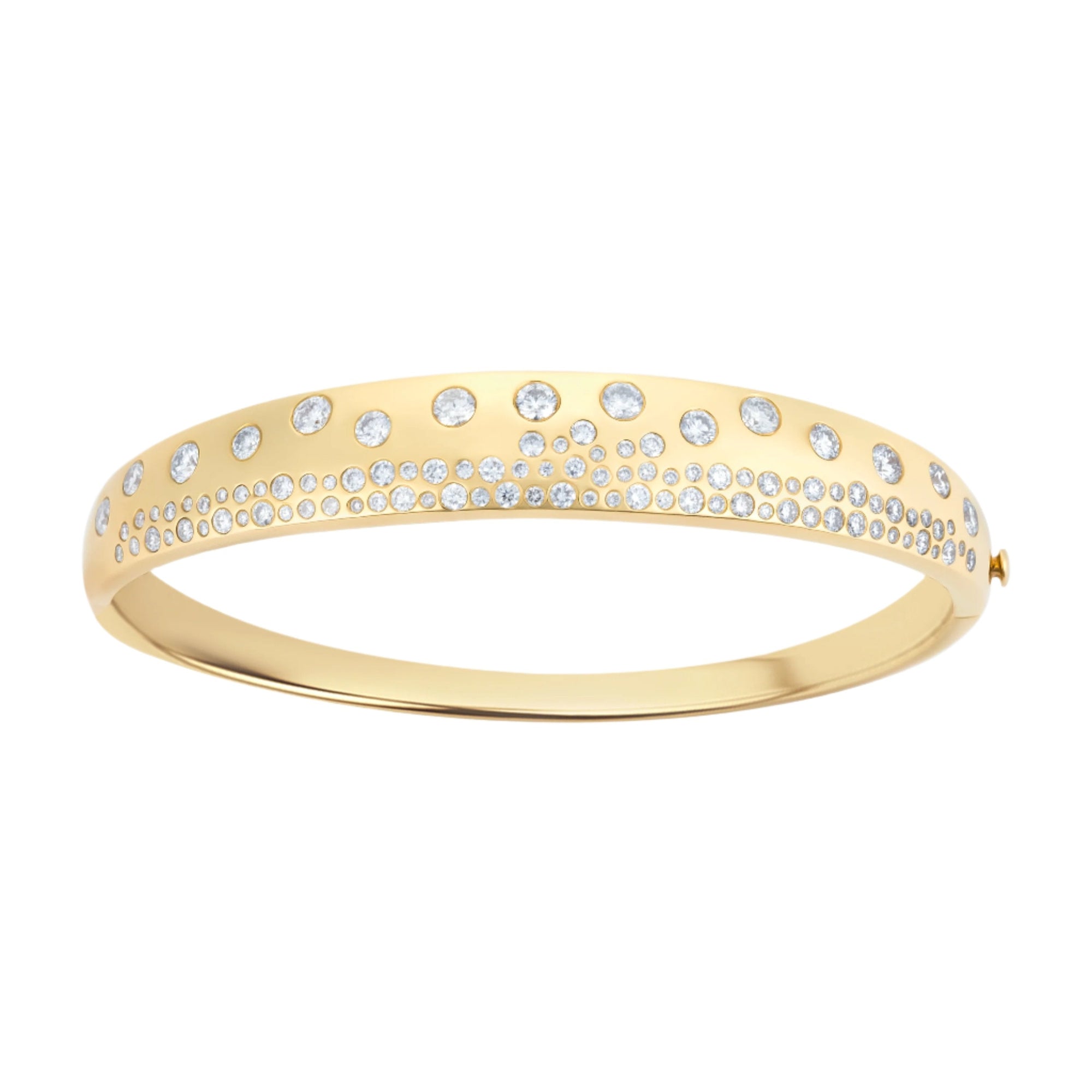 Elegant 14K yellow gold tapered bangle bracelet featuring 1.1ct of scattered diamonds, combining a sleek silhouette with timeless sparkle.