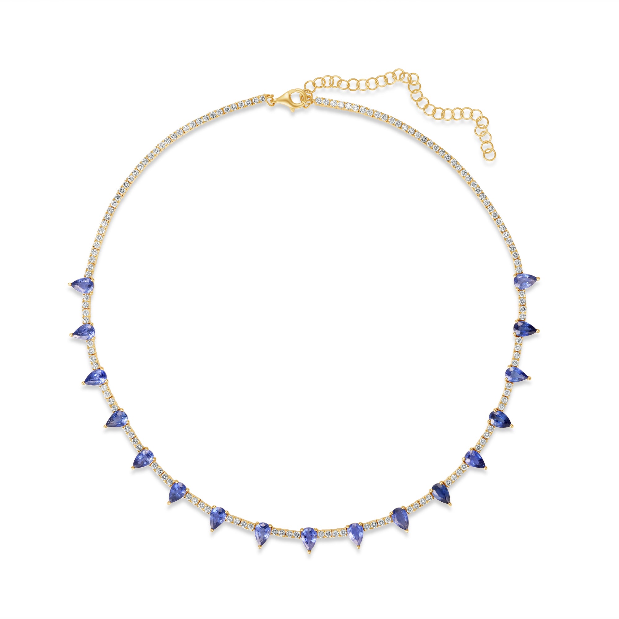 Elegant 14K yellow gold tennis necklace featuring a delicate diamond chain adorned with vibrant pear-shaped blue sapphires, offering an adjustable 15" to 17" fit for timeless sophistication. Front, full view. 