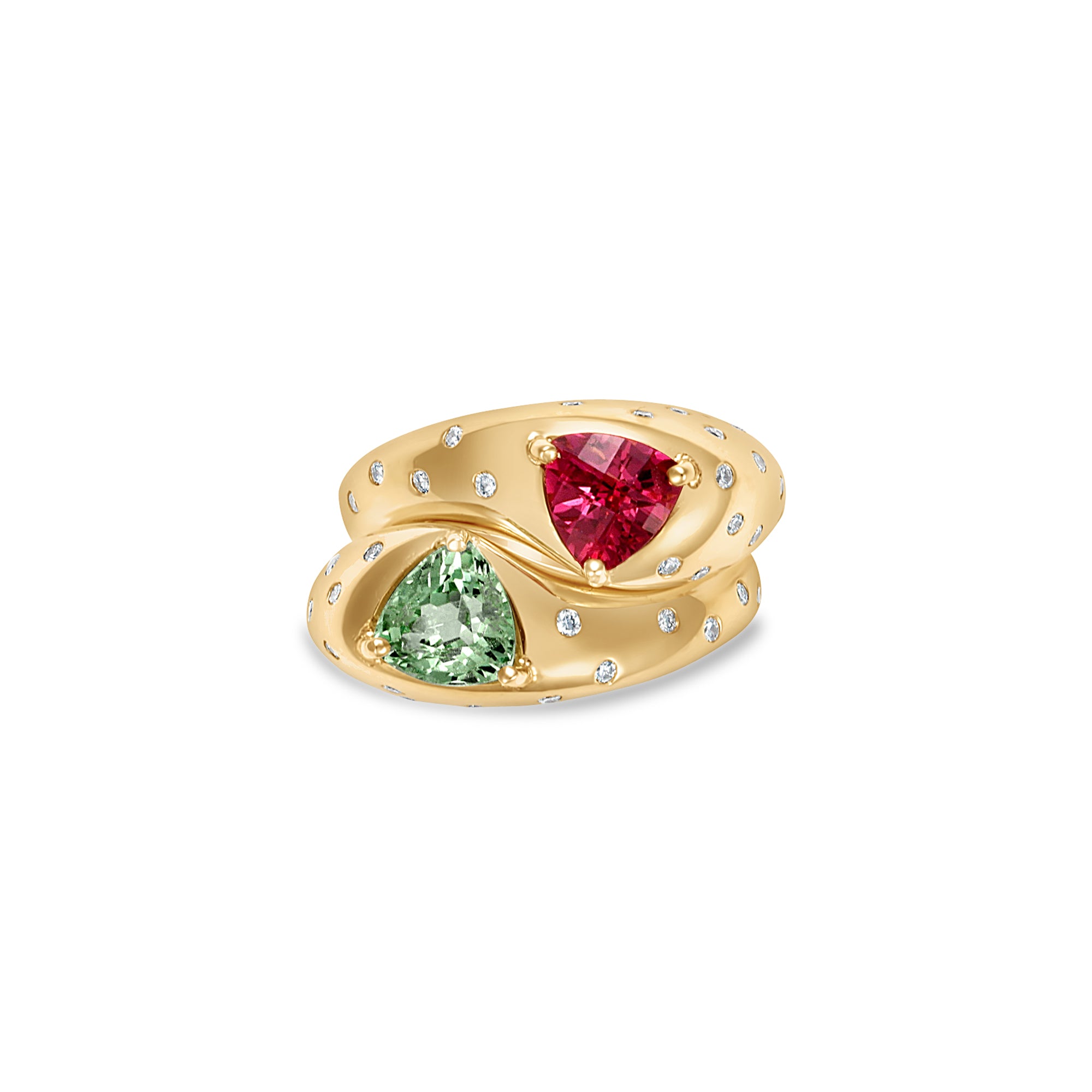 Elegant mother and child ring in 14K yellow gold, featuring a refreshing mint tourmaline paired with a vibrant rubellite, accentuated by a sparkling diamond spray for a meaningful, timeless design. Front, close up
