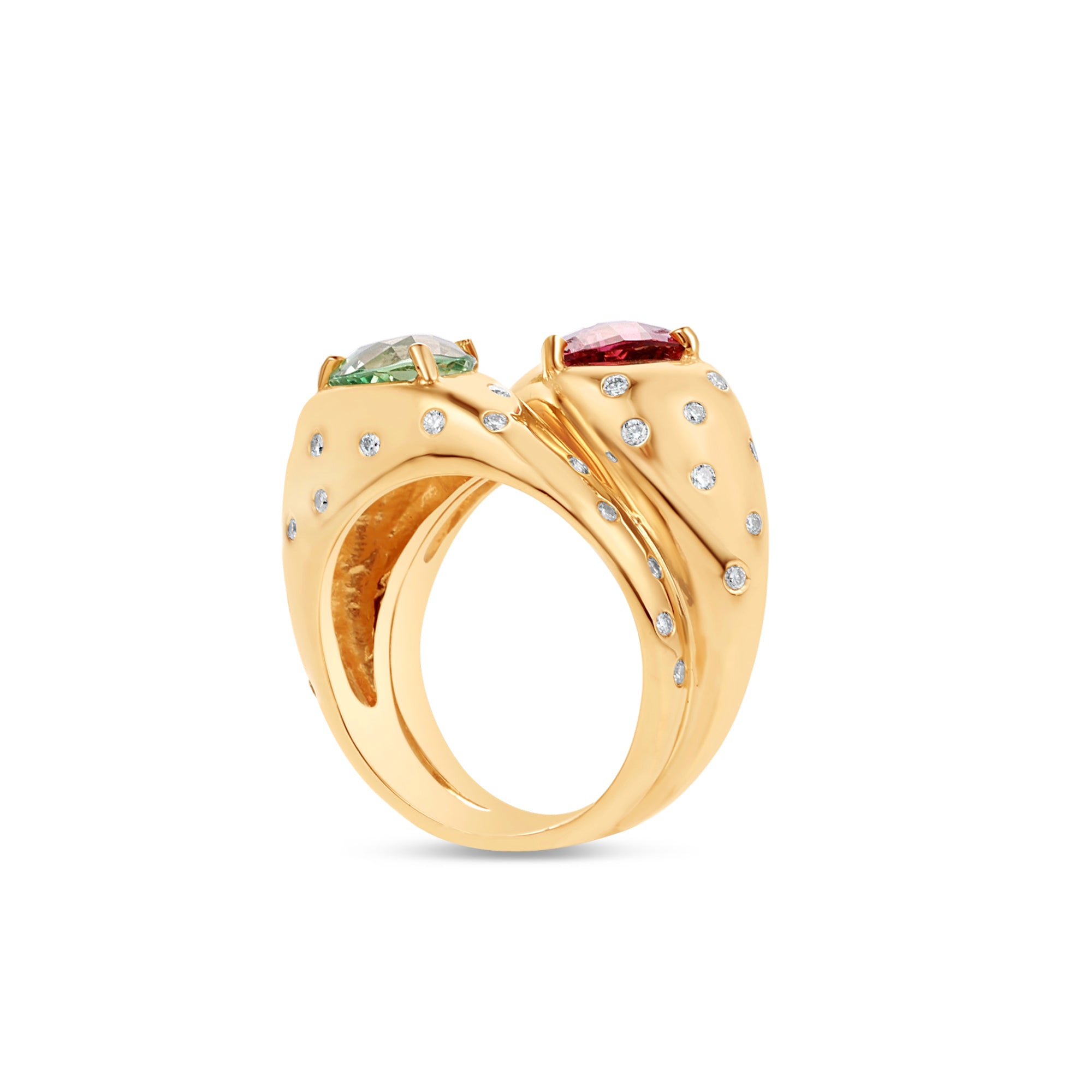 Elegant mother and child ring in 14K yellow gold, featuring a refreshing mint tourmaline paired with a vibrant rubellite, accentuated by a sparkling diamond spray for a meaningful, timeless design. Side View close up