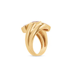 Unique 14K yellow gold statement ring featuring three bezel-set tourmaline stones in delicate shades of pink, blending elegance with bold color for a timeless look. Side view detailing of gold band. 
