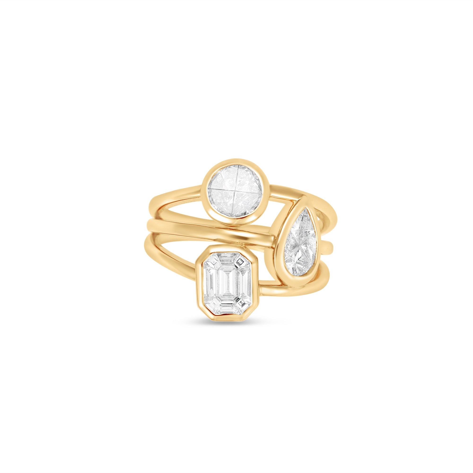 Exquisite 14K yellow gold ring featuring a trio of multi-shape illusion-cut diamonds in sleek bezel settings, blending modern sophistication with classic elegance. Close up front. 