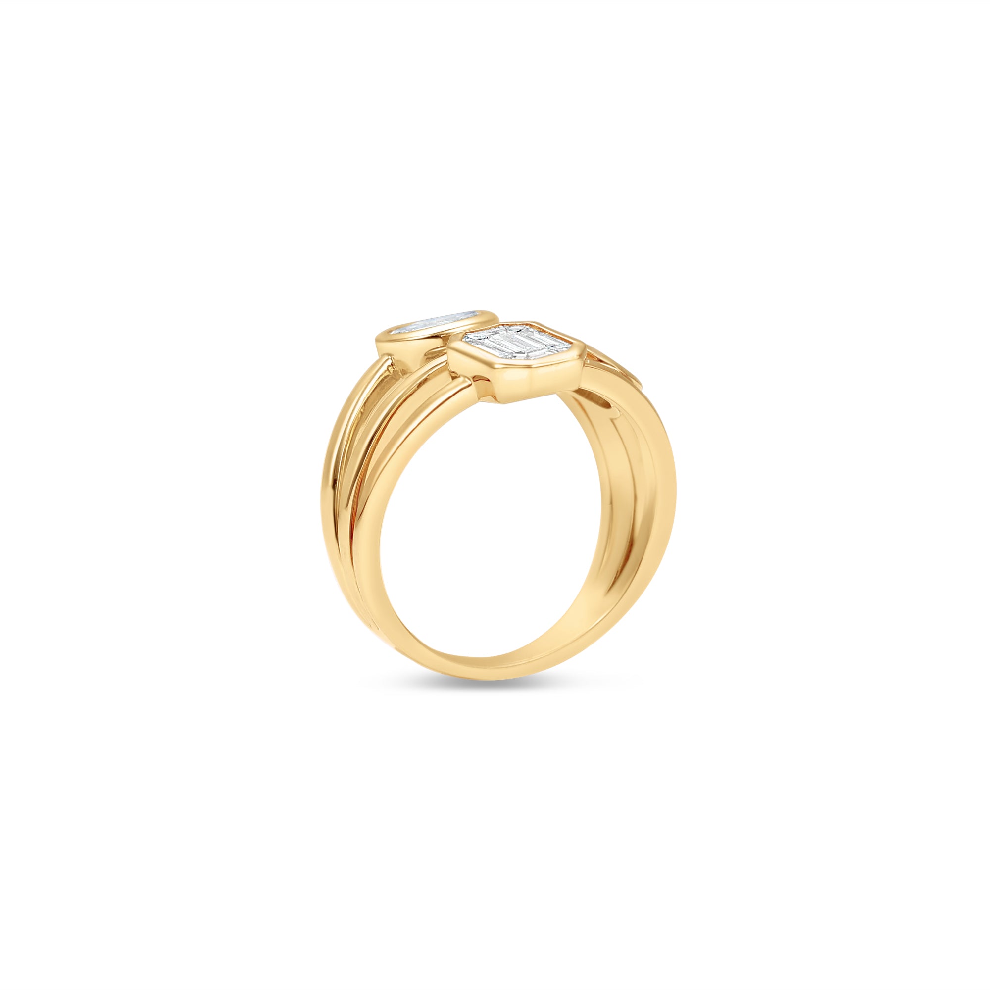 Exquisite 14K yellow gold ring featuring a trio of multi-shape illusion-cut diamonds in sleek bezel settings, blending modern sophistication with classic elegance. Side view. 