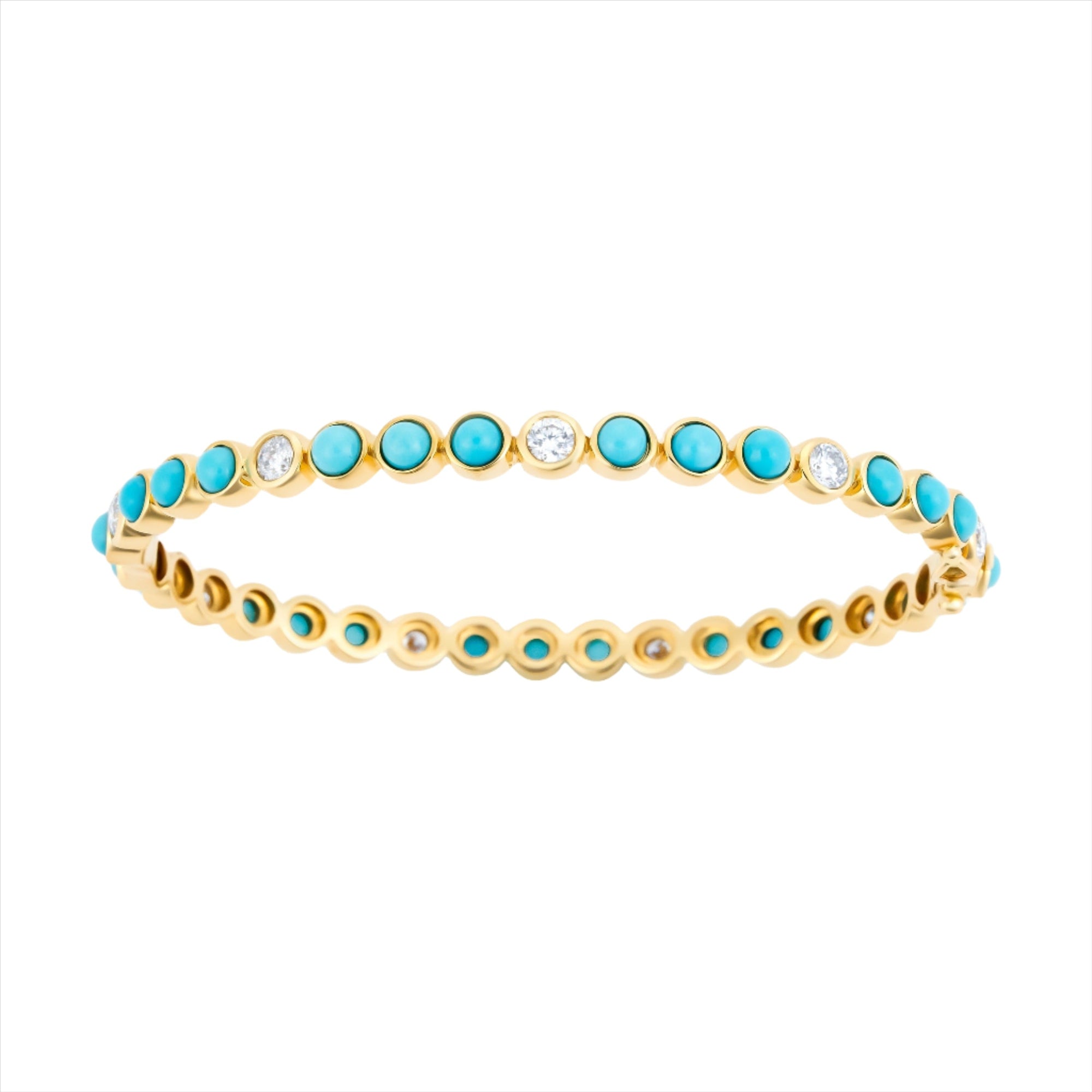 Elegant 14K yellow gold bangle featuring 3.78ct of vivid turquoise and 1.186ct of sparkling diamonds. Sized at 6cm, this gemstone bracelet offers a refined pop of color and shine.