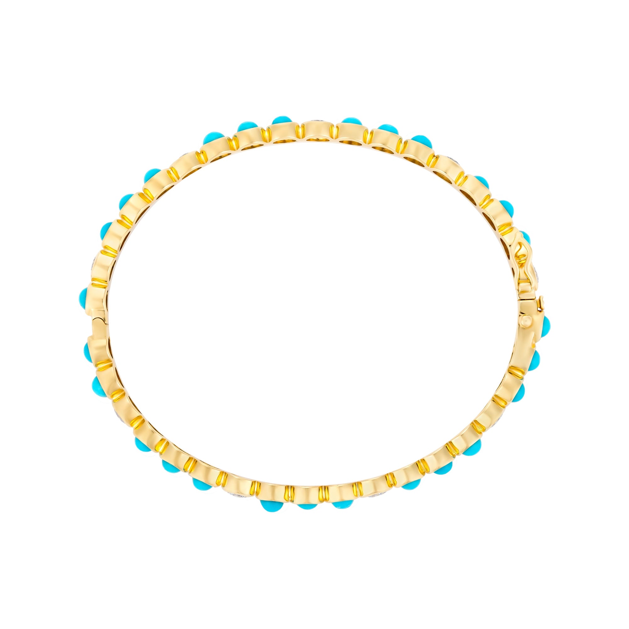 Elegant 14K yellow gold bangle featuring 3.78ct of vivid turquoise and 1.186ct of sparkling diamonds. Sized at 6cm, this gemstone bracelet offers a refined pop of color and shine.