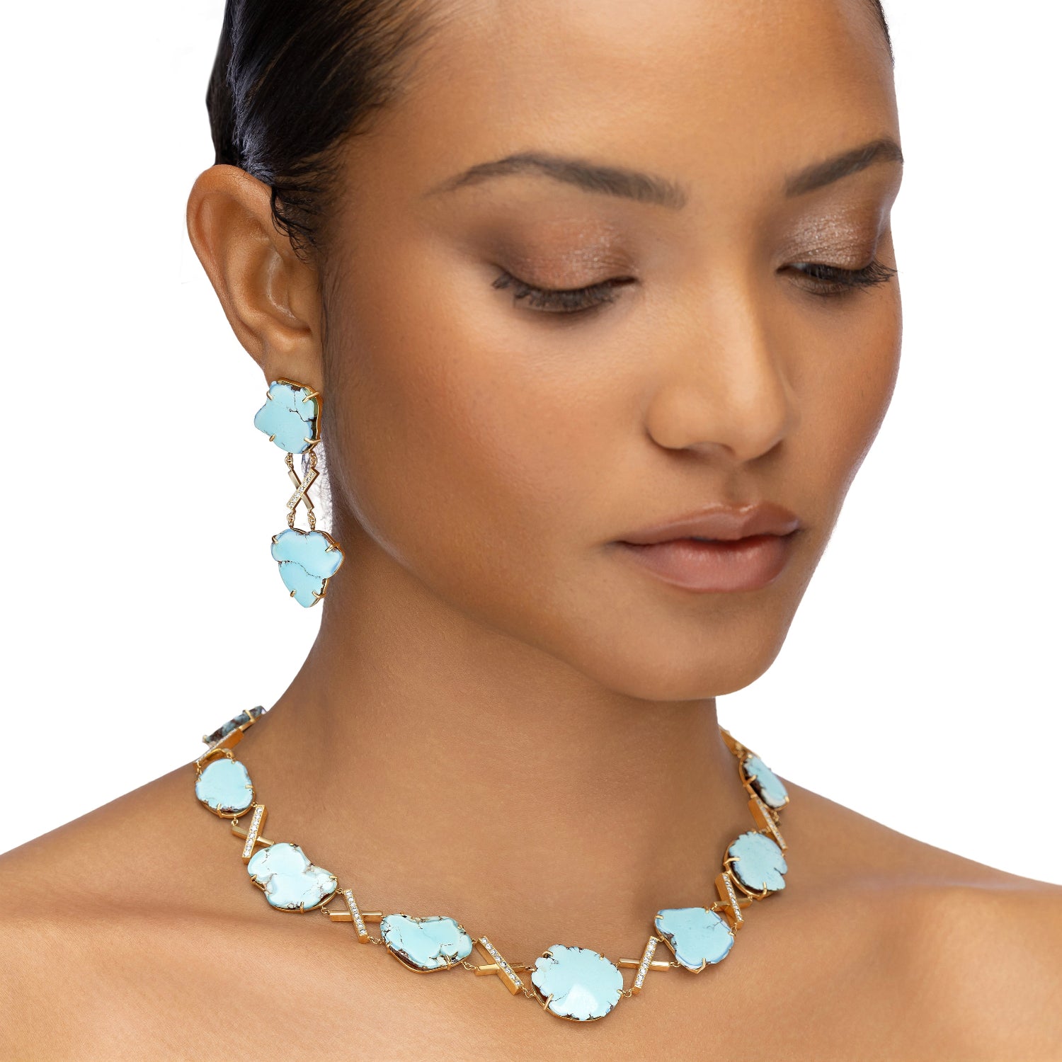 One-of-a-kind necklace featuring freeform Russian turquoise slices linked by diamond-set crisscross connectors, crafted in 14K yellow gold with a total diamond weight of 1.92ct.