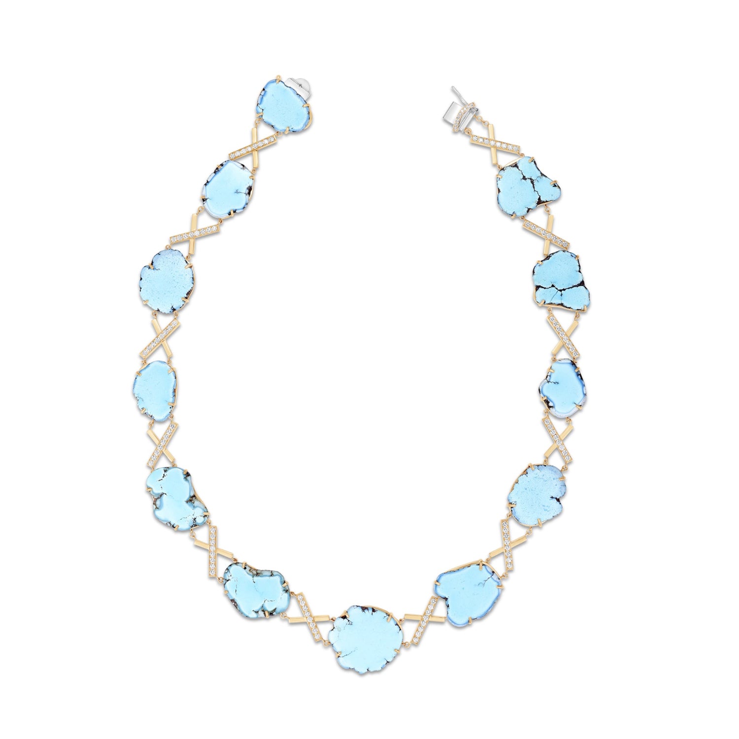 One-of-a-kind necklace featuring freeform Russian turquoise slices linked by diamond-set crisscross connectors, crafted in 14K yellow gold with a total diamond weight of 1.92ct.